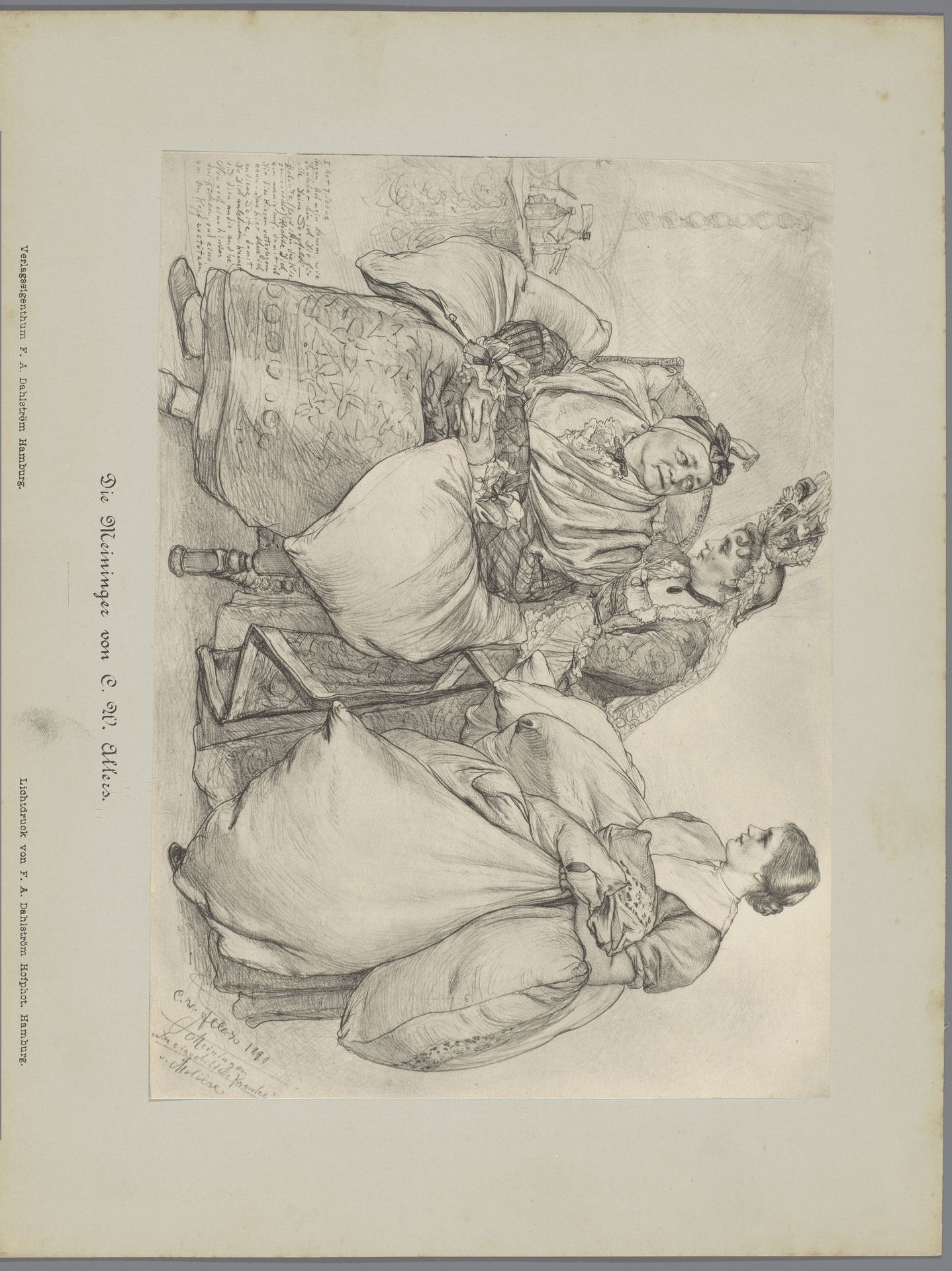 Fotoreproductie van een tekening, voorstellende drie actrices in historisch kostuum by F.A. Dahlström