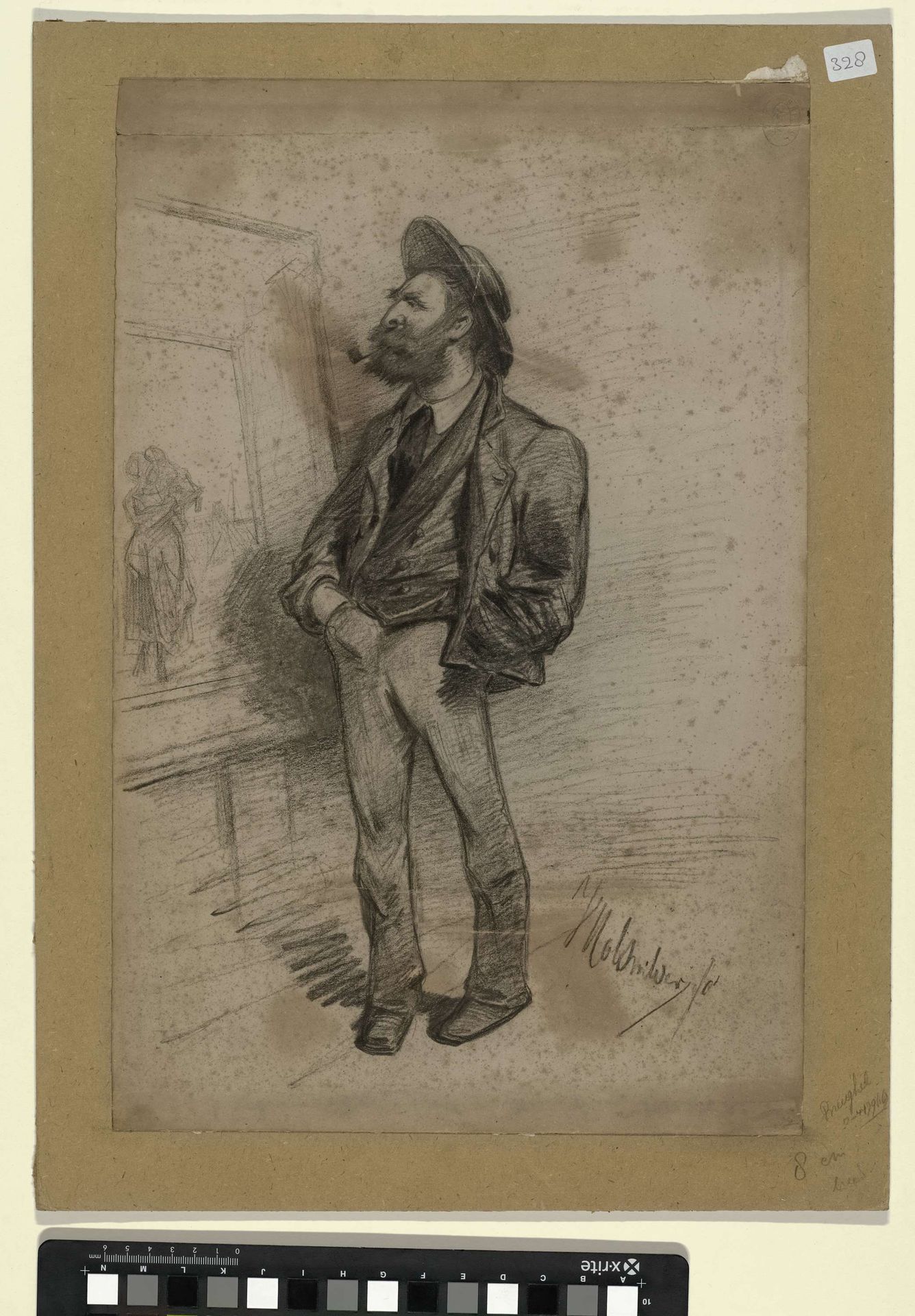 Karikatuurportret van de kunstschilder Elchanon Verveer (1826-1900), een van zijn schilderijen met een Schevenings onderwerp beschouwend by Jan Holswilder