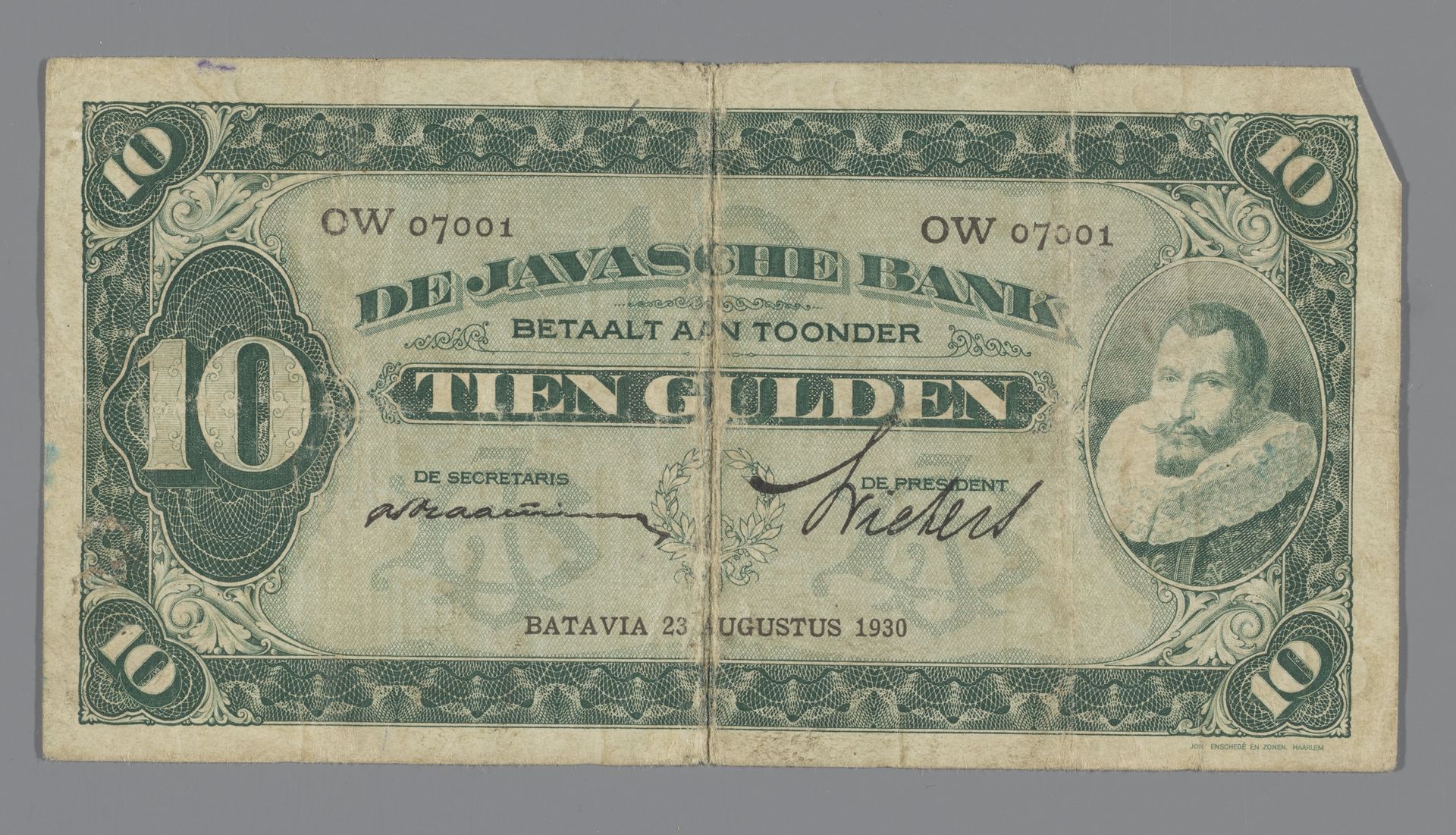 Nederlands-Indonesisch bankbiljet van tien gulden by Johan Enschedé & Zn.