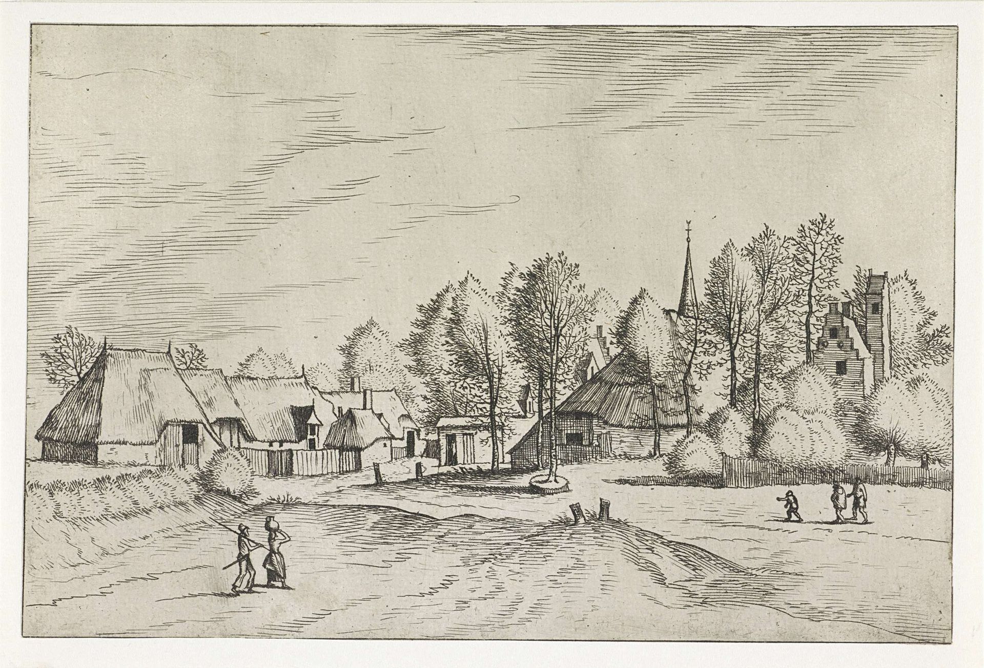 Gezicht op een dorp met een kerktoren by Johannes of Lucas van Doetechum