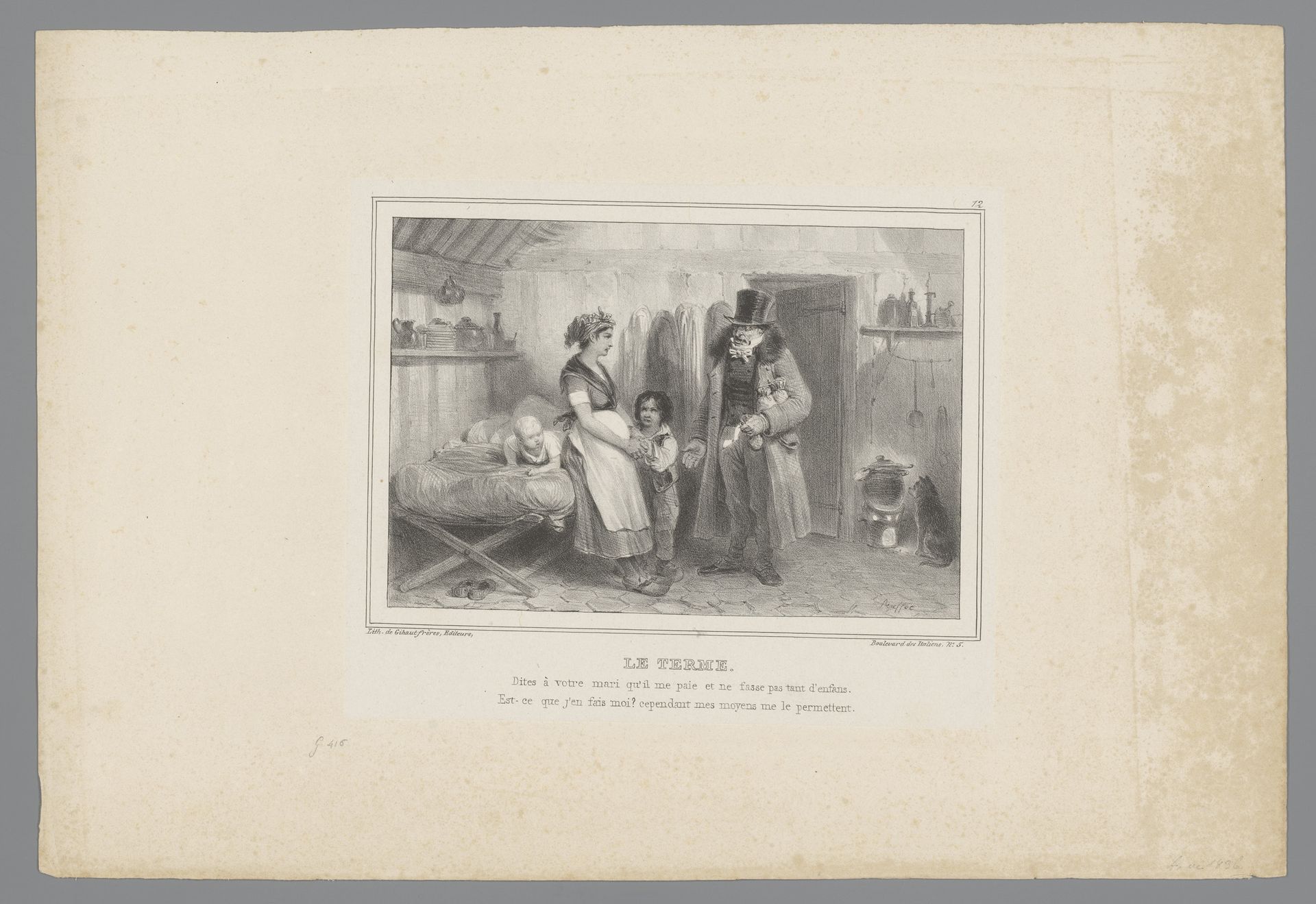 Man met bon in de hand komt de huur halen bij vrouw met twee kinderen by Auguste Raffet