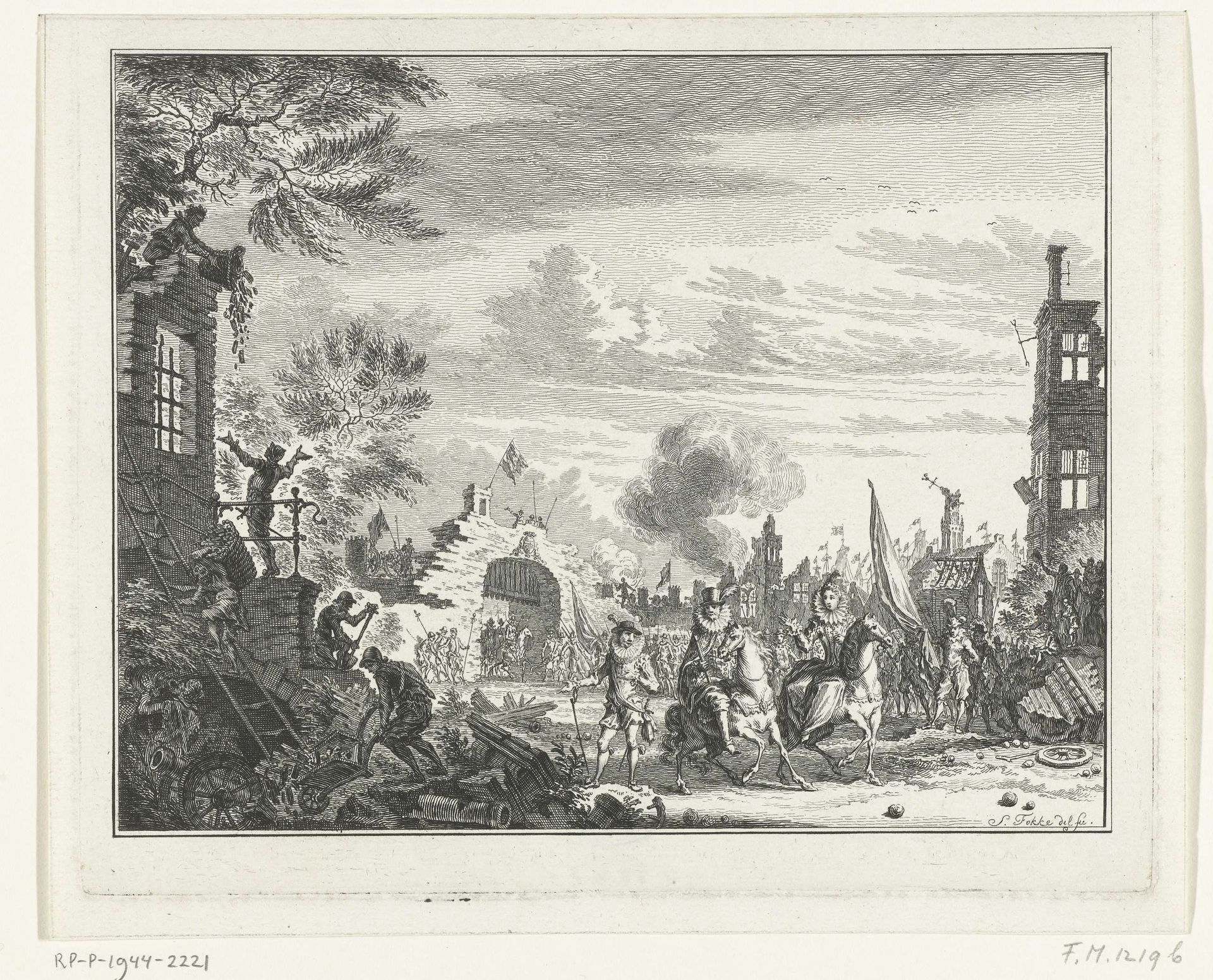 Albrecht en Isabella bezoeken de verwoeste stad Oostende, 1604 by Simon Fokke