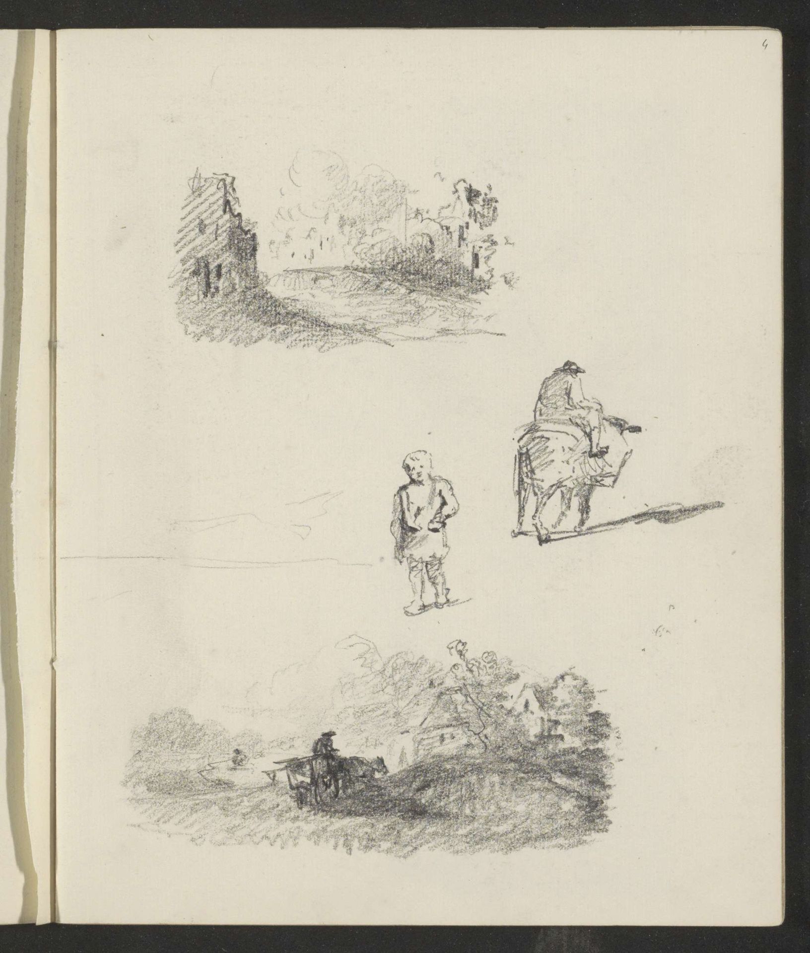 Studieblad, onder andere met een landschap met een figuur op een kar by Maria Vos