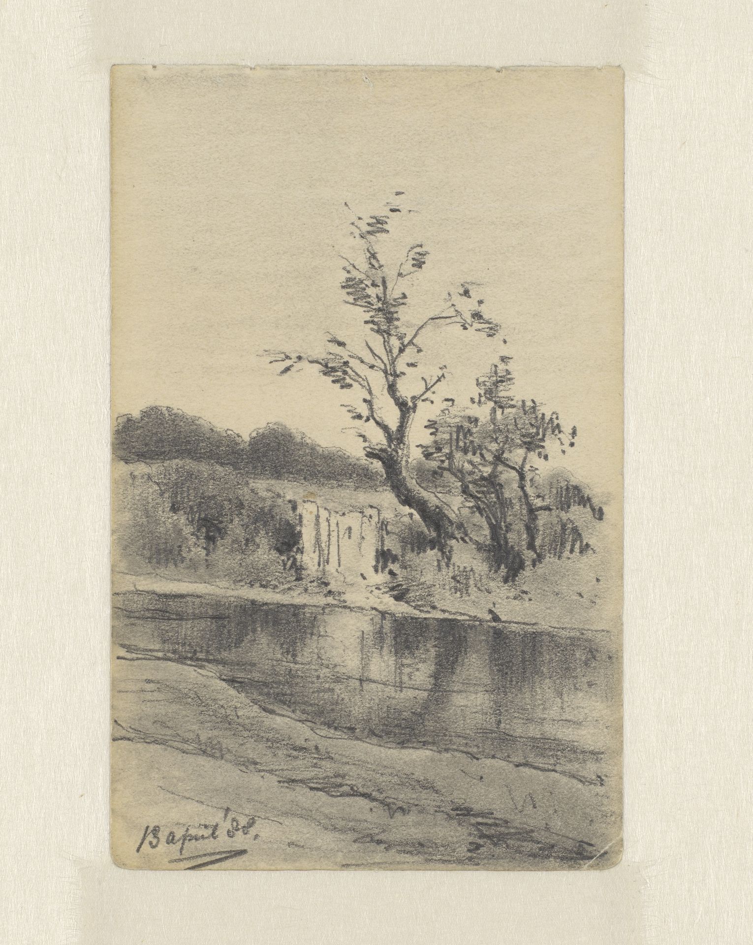 Landschap met gezicht over water langs bomen by Pieter H.J.J. Ras