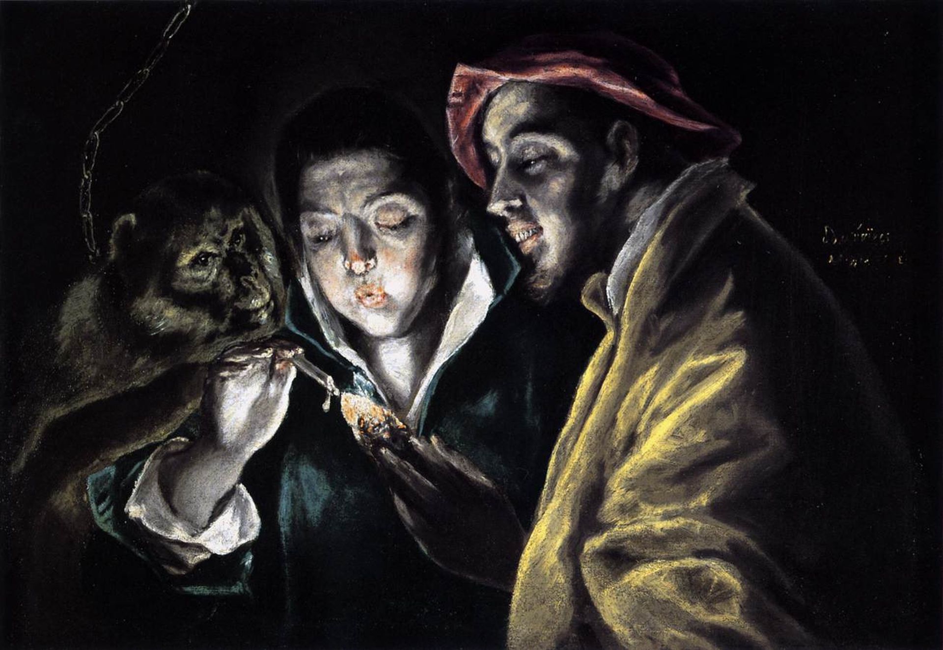 Allegory, boy lighting candle in the company of an ape and a fool - Fábula by El Greco (Domenikos Theotokopoulos)