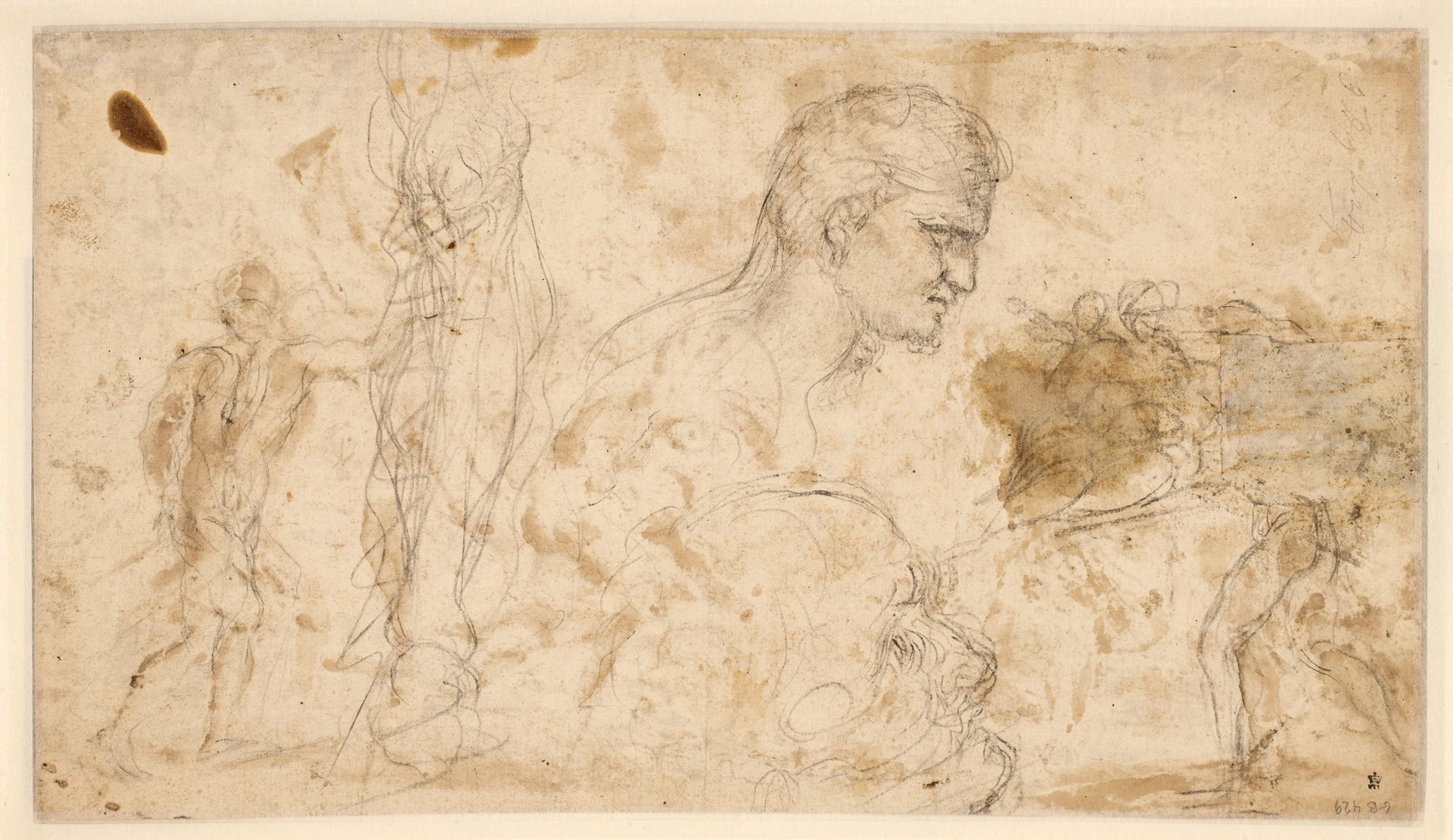 Studies of figures and heads; the figures on the far left and right traced from the recto by Giovanni Angelo Canini