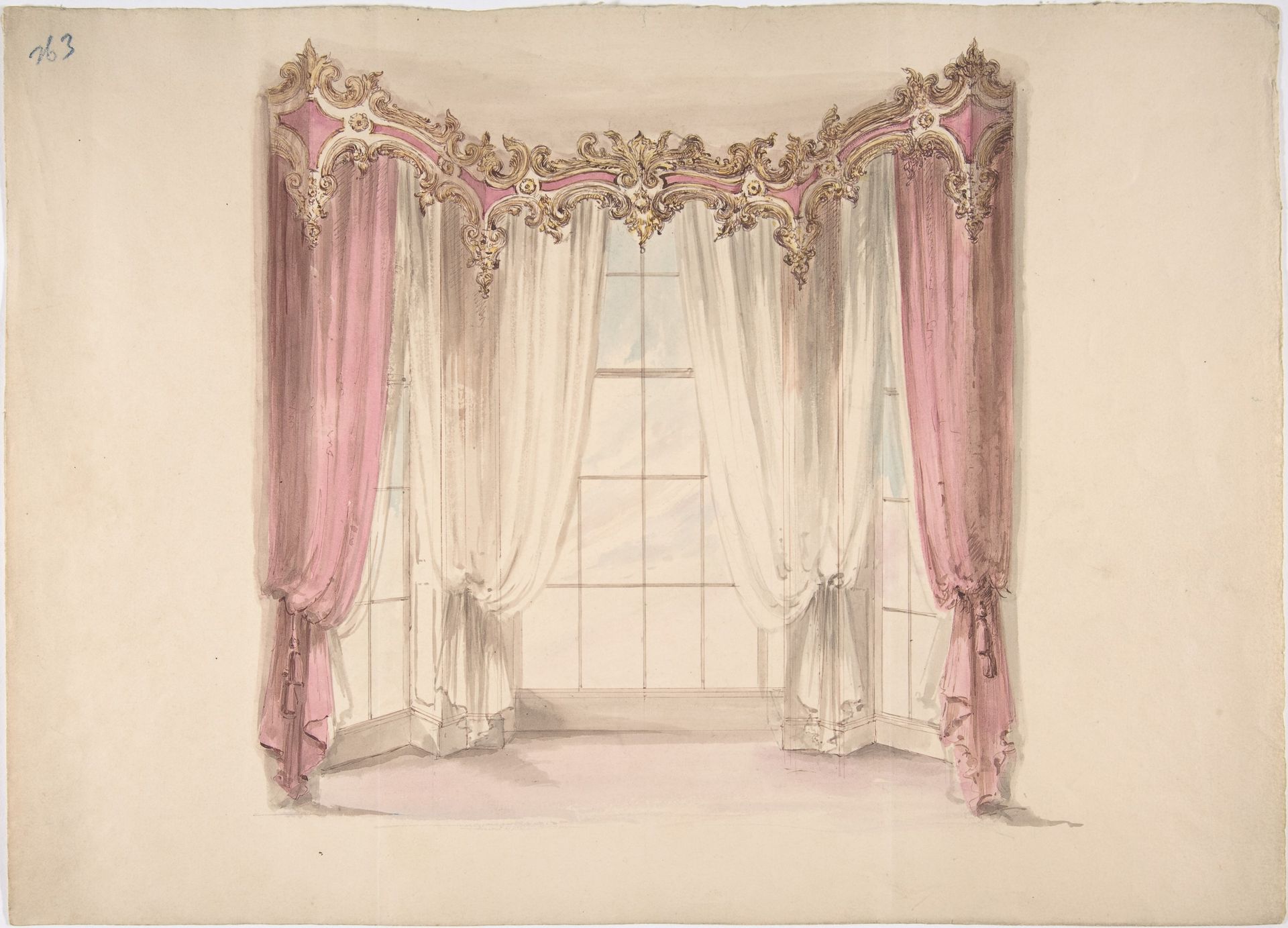 Design for Pink Curtains and White Inner Curtains, with a Gold, White and Pink Pediment by Anonymous