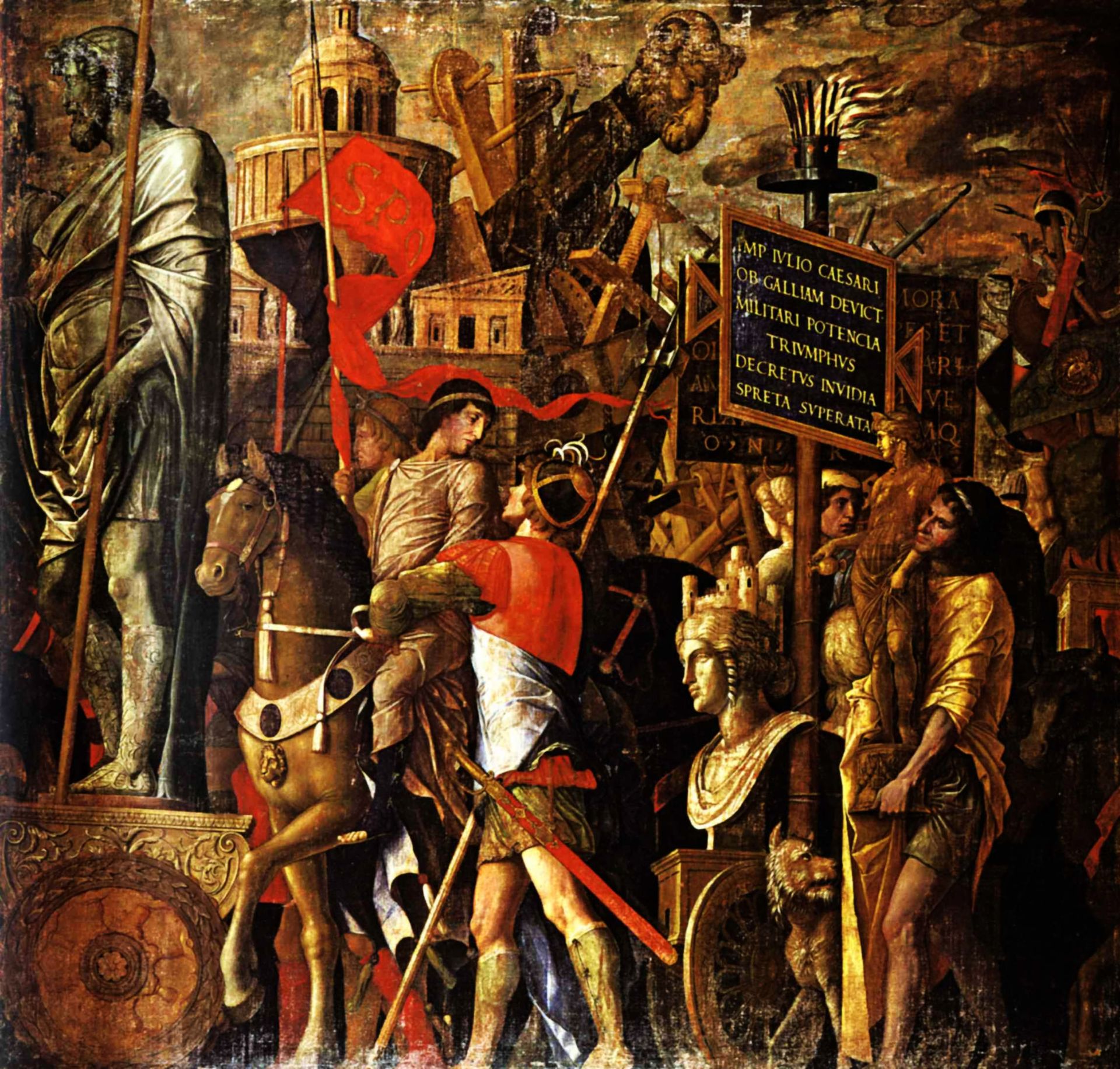 Captured statues and siege equipment, a representation of a captured City and inscriptions (Triumph of Caesar) by Andrea Mantegna