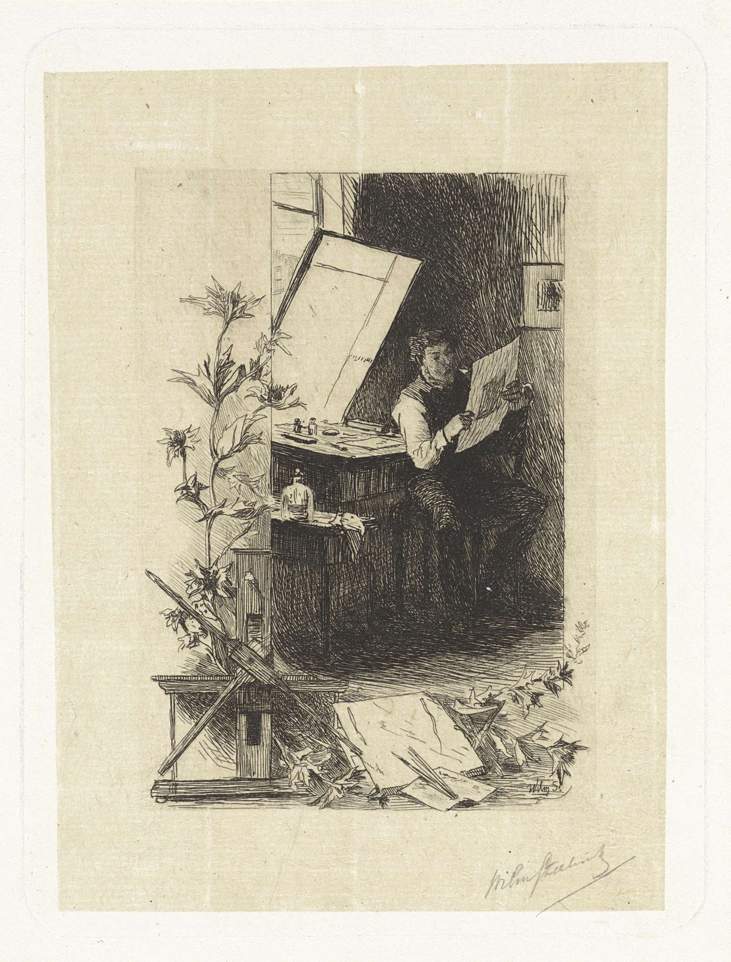 Prentmaker in zijn atelier by Willem (II) Steelink