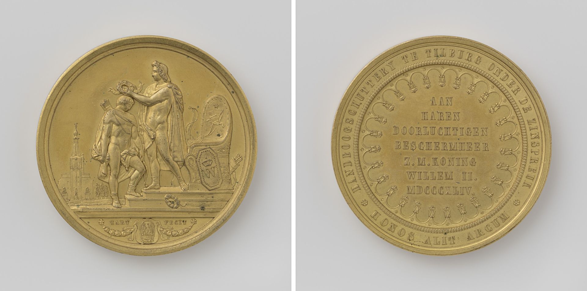 Handboogschutterij "Honos alit arcum" te Tilburg, penning geschonken aan de beschermheer Willem II, koning der Nederlanden by Laurent Joseph Hart