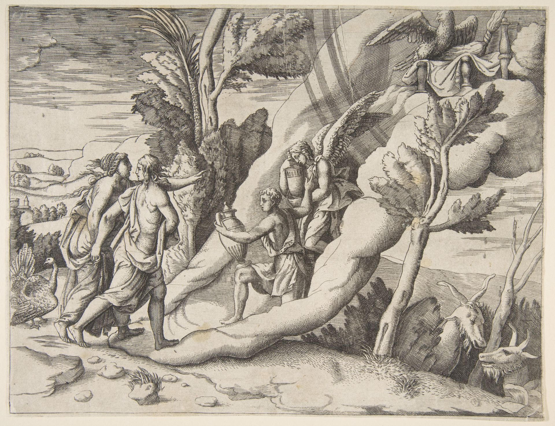 Jupiter and Juno being received in the heavens by Ganymede and Hebe, from "Division of the Universe" by Giulio Bonasone