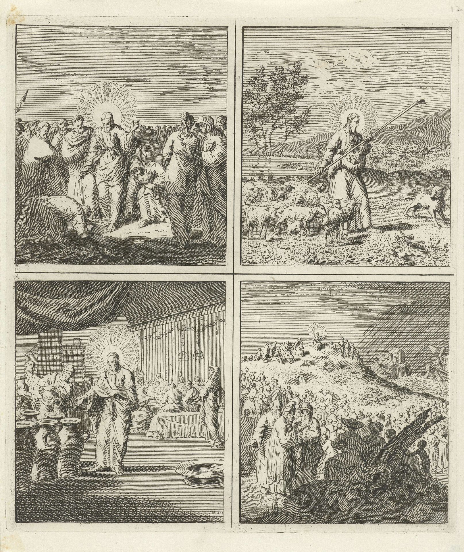 Jaïrus knielt voor Christus / Christus als de goede herder / Bruiloft te Kana / Bergrede by Cornelis van Noorde