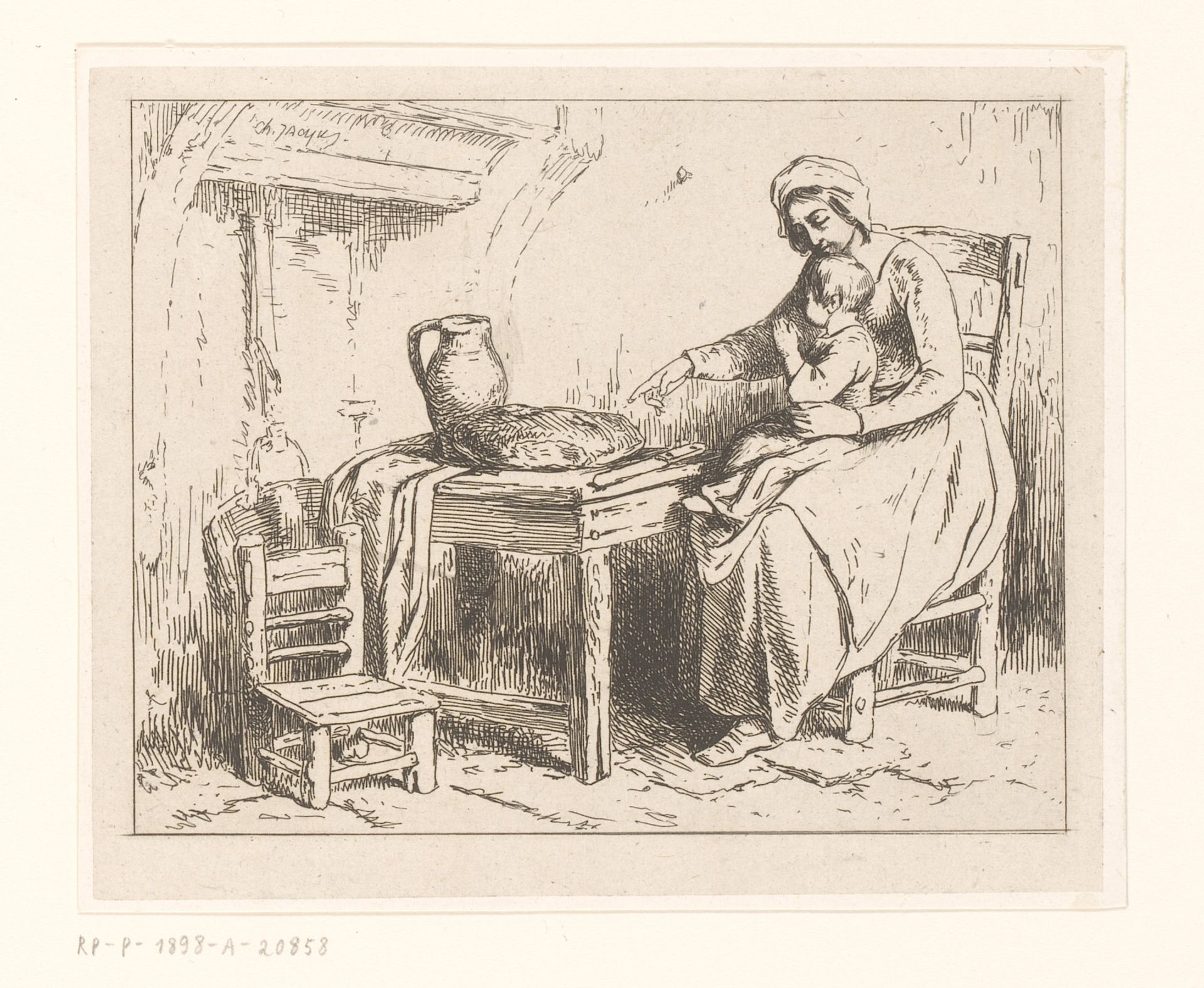 Biddend kind bij zijn moeder aan tafel by Charles Jacque