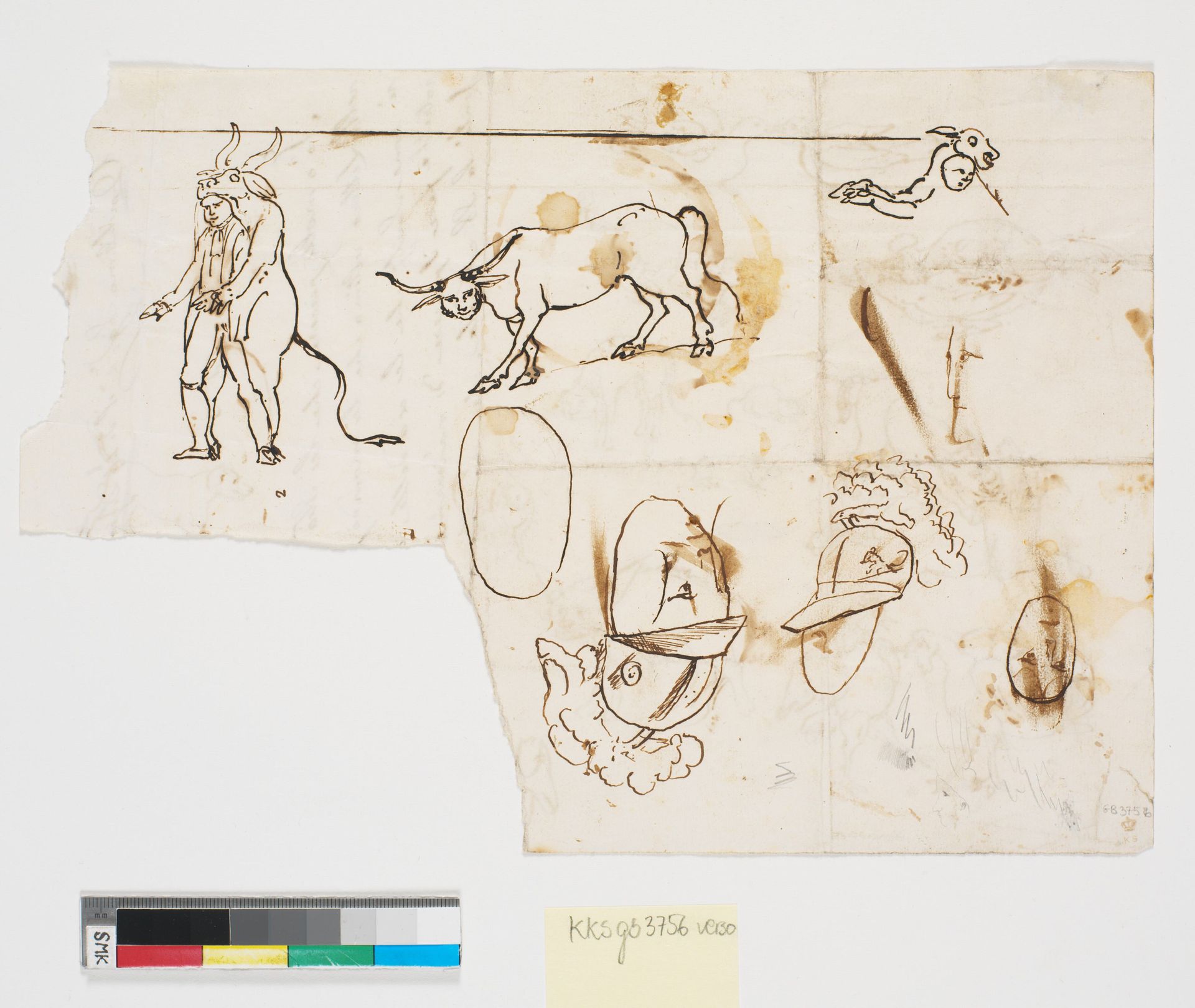 Tyr med menneskeansigt, figurer med dyreforklædning samt to ansigter med hjelme by Nicolai Abildgaard