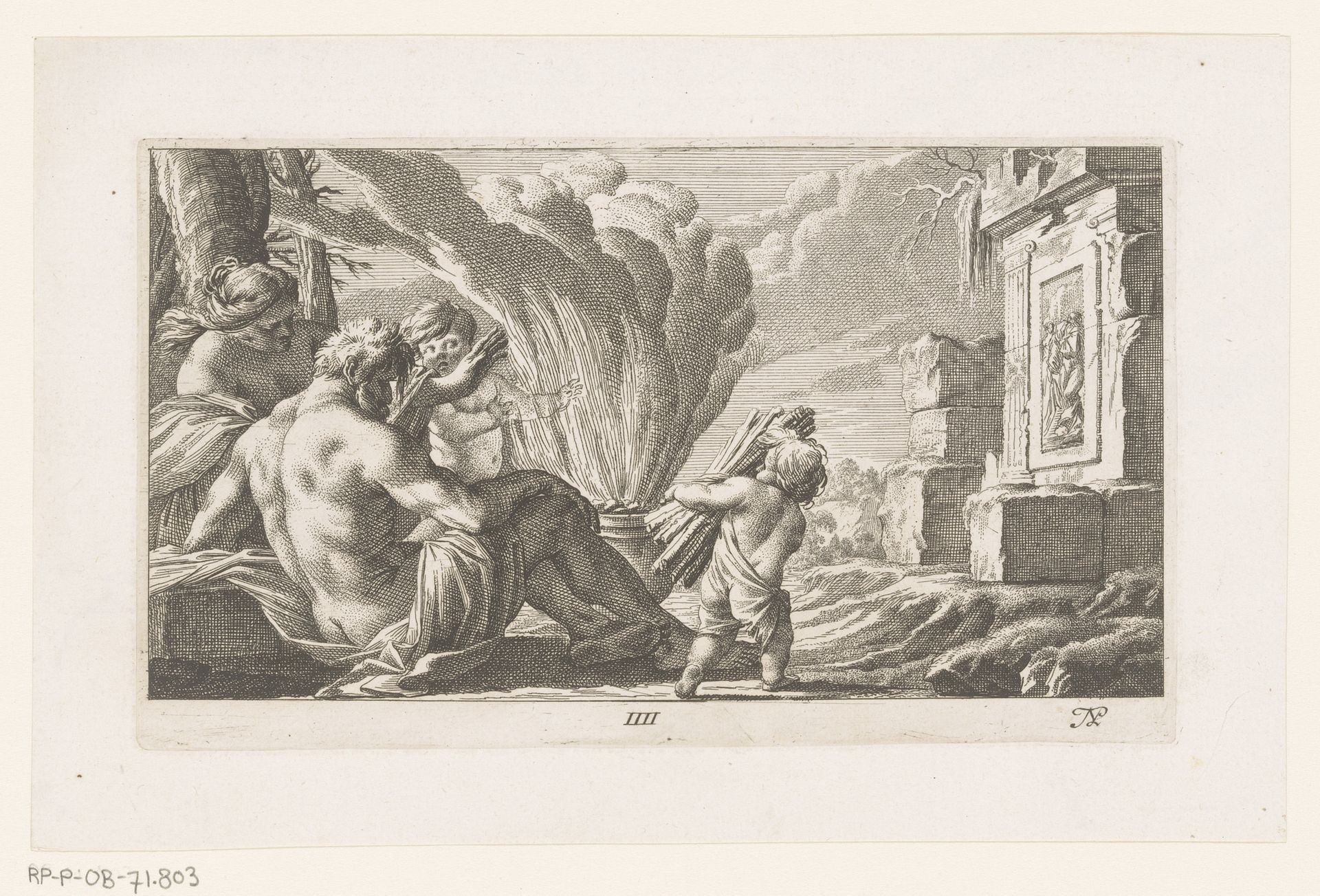 Man en vrouw zittend bij vuur, opgestookt door putti by Nicolas Perelle