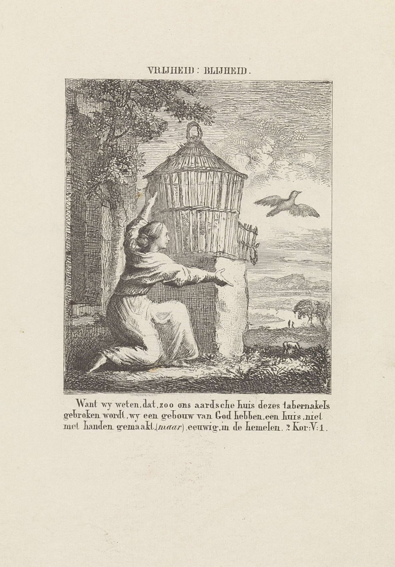 Vrouw bevrijdt vogel uit kooi by Geertruida Margaretha Jacoba Huidekoper
