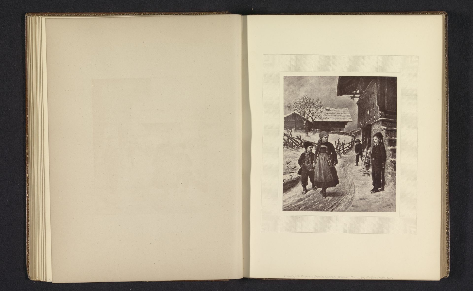 Fotoreproductie van een prent naar een schilderij van kinderen in de sneeuw door Benjamin Vautier by Anonymous