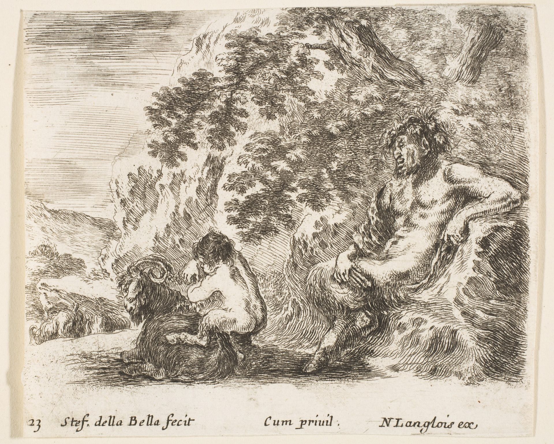 Plate 23: a satyr sitting against a tree to right and holding a flute in his right hand, a child playing with a goat to left, from 'Diversi capricci' by Stefano della Bella