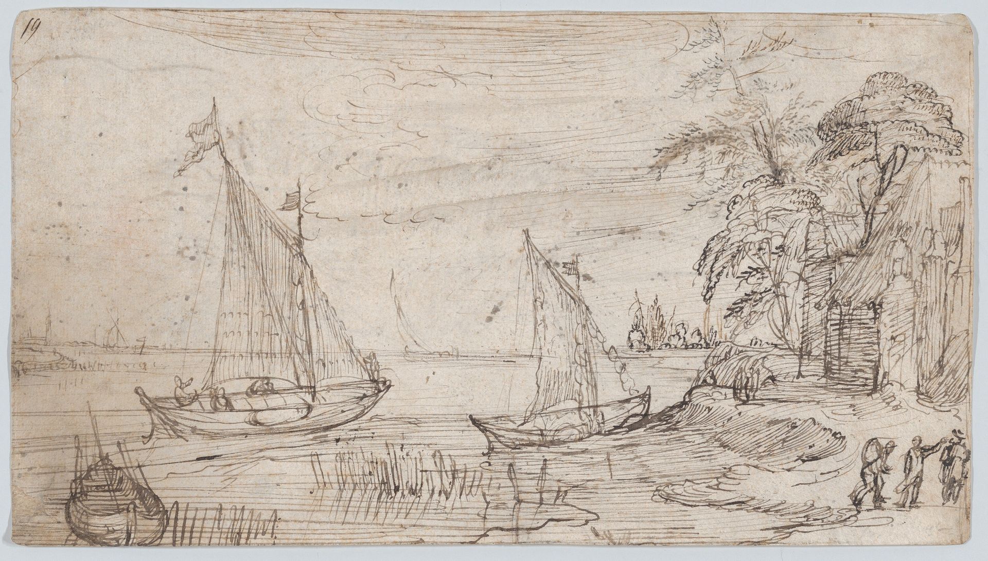 Riverscape with Two Sailboats and Several Figures; verso: A Mountainous Landscape near a River with a Horse-Drawn Barge and Several Figures by Cornelis Claesz. van Wieringen