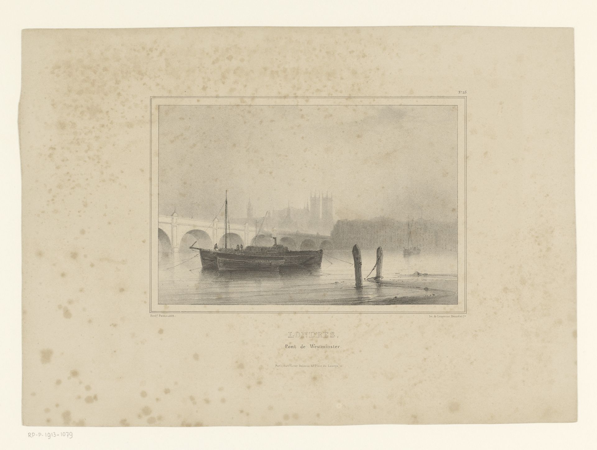 Schip voor anker naast de Westminster Bridge by Ferdinand Victor Perrot