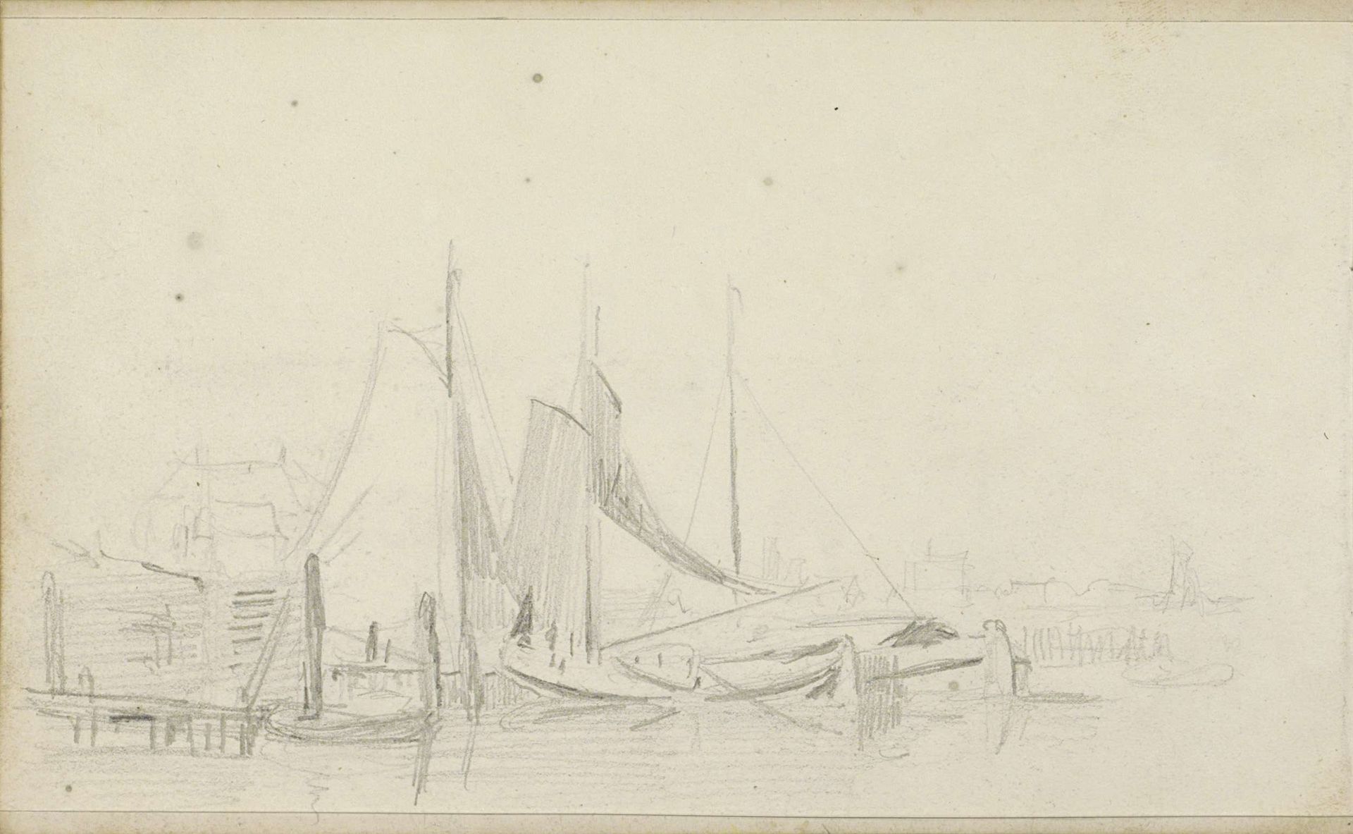 Gezicht op een haven by Adrianus Eversen