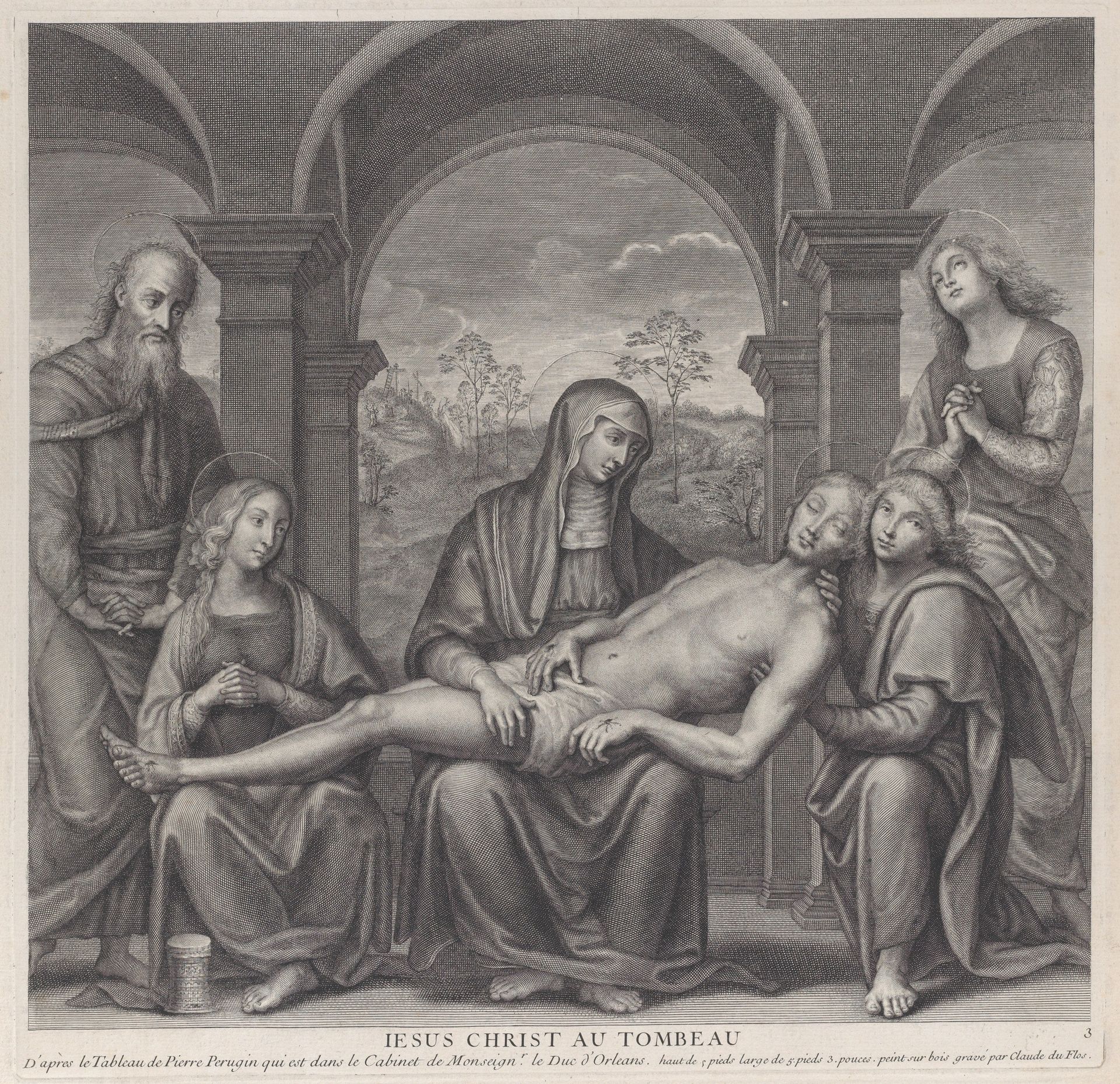 Christ in the tomb, resting across the Virgin's lap; after Perugino by Claude Duflos