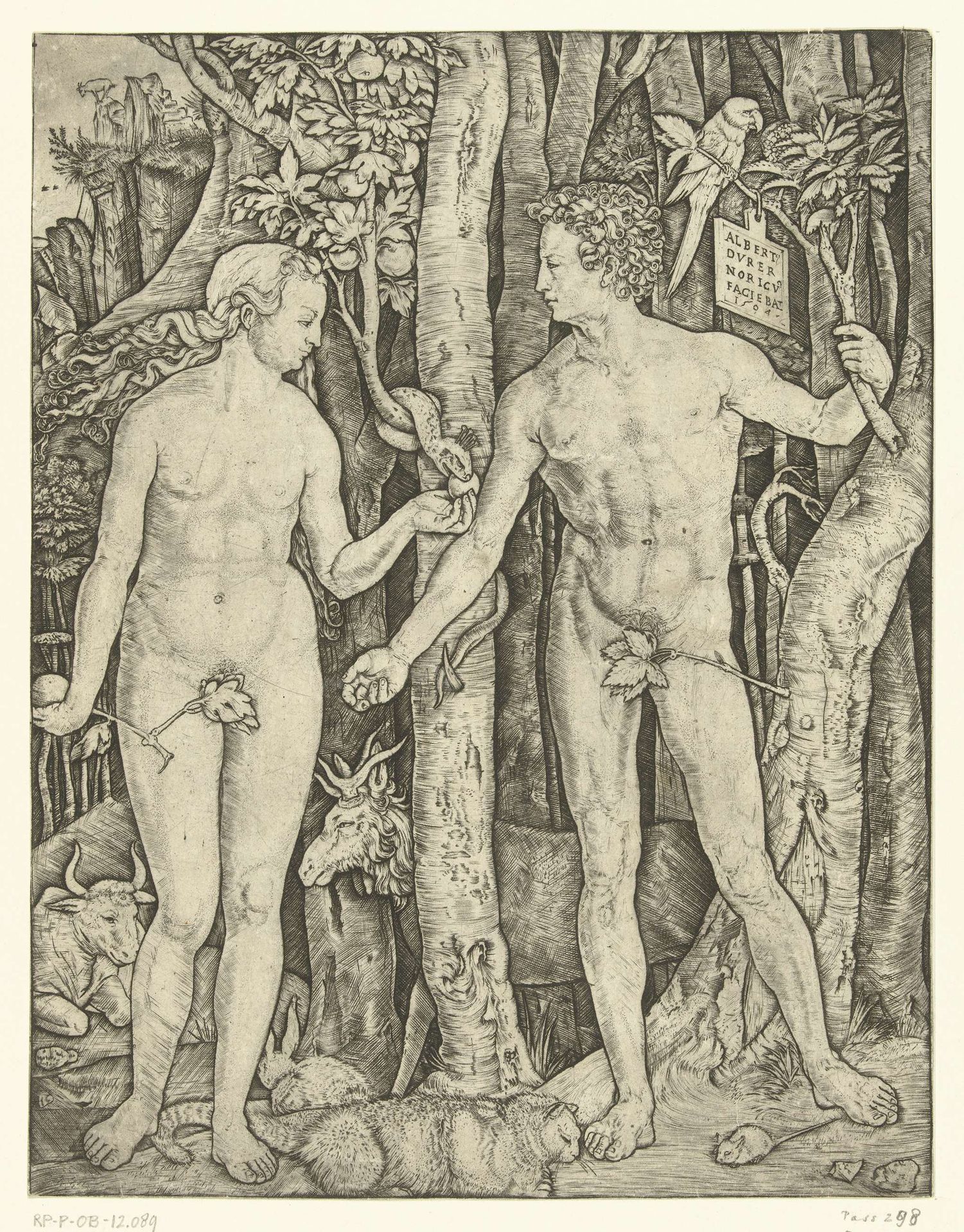 Adam en Eva bij boom van kennis van goed en kwaad in paradijs tijdens zondeval by Marcantonio Raimondi