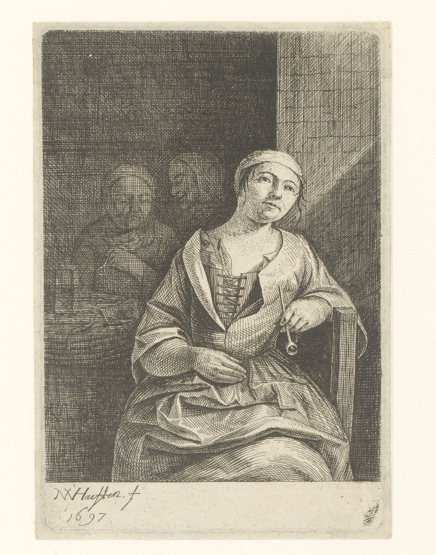 Zittende rokende vrouw by Nicolaes van Haeften