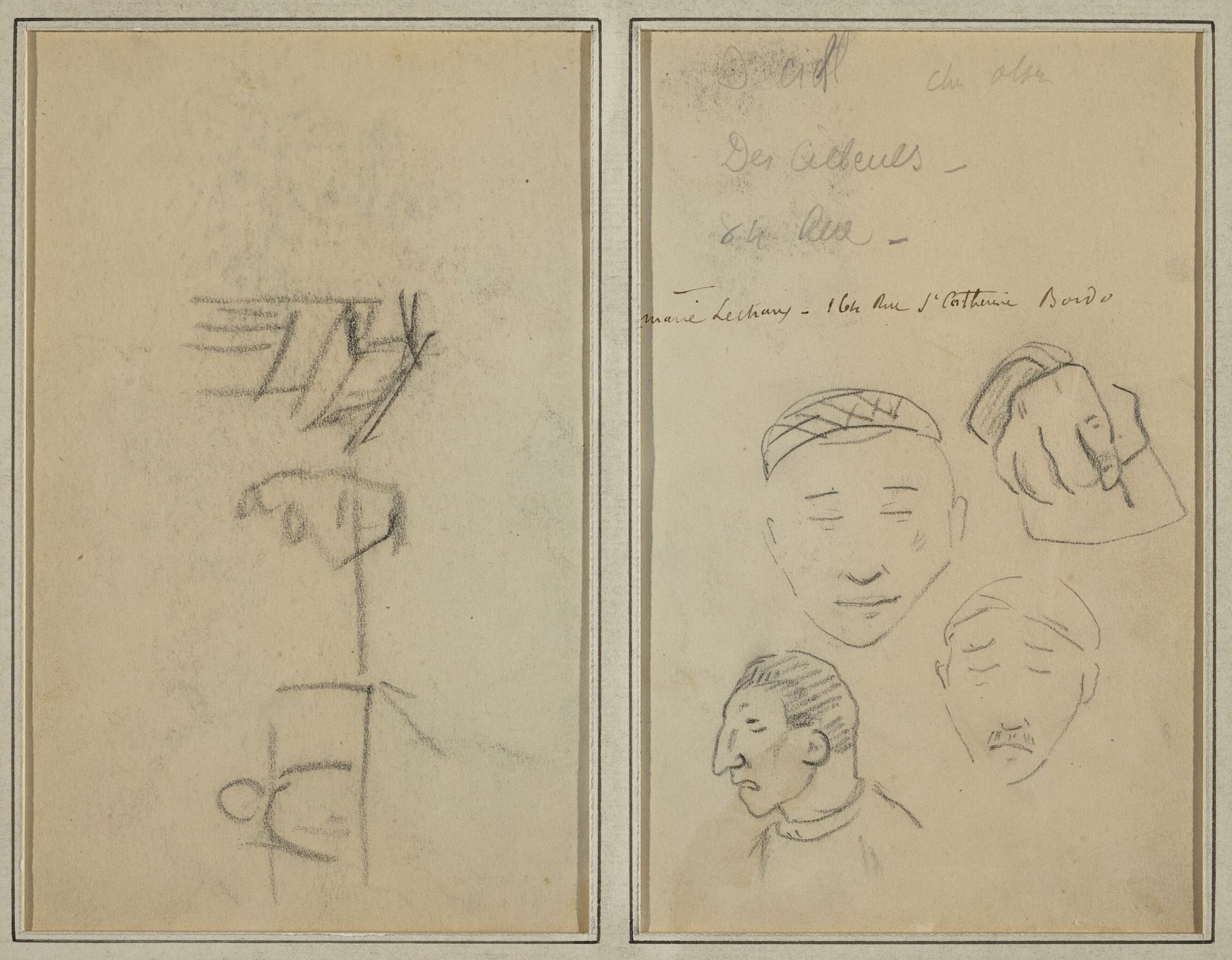 Two Figures and a Bench; Three Studies of Men's Heads and One of a Hand [recto] by Paul Gauguin