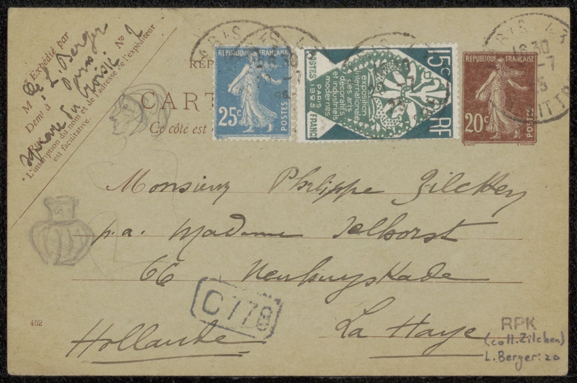 Briefkaart aan Philip Zilcken by Lya Berger