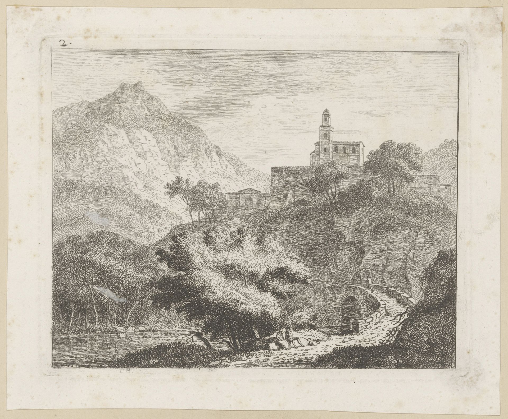 Bergachtig landschap met een gebouw op een rots by Ludwig Hess
