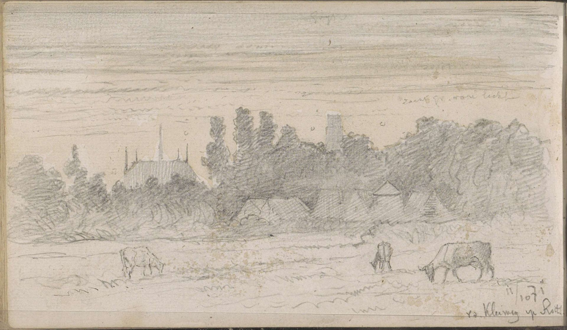 Weiland met grazende koeien, gezien vanaf de Kleiweg op de Rotte by Johannes Tavenraat