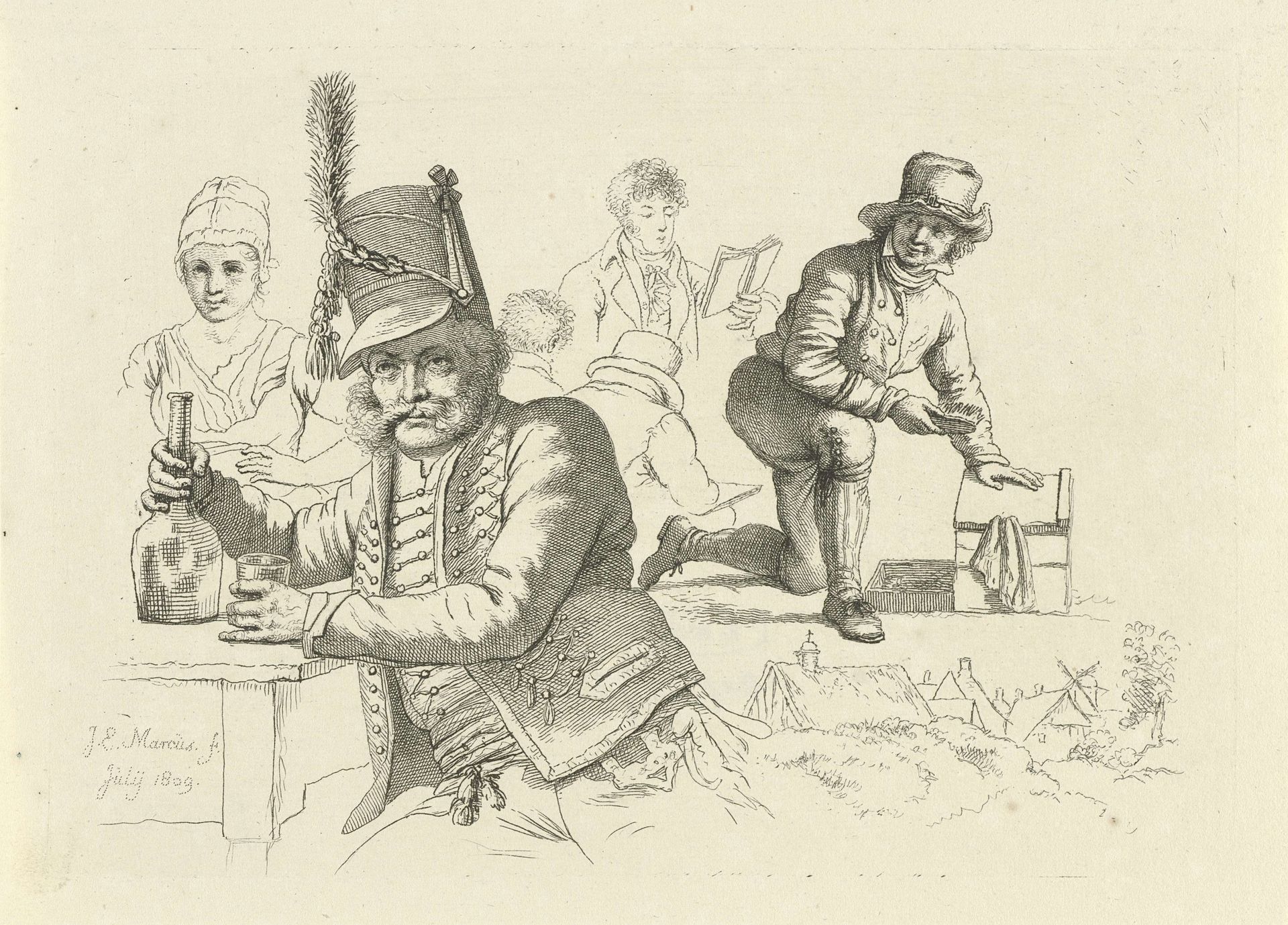 Huzaar met glas en fles aan een tafel, een schoenpoetser en figuren by Jacob Ernst Marcus