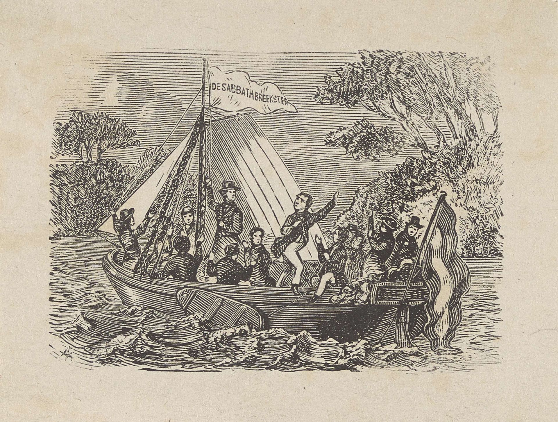 Groep mannen op een schip een vlag hijsend met daarop de tekst ´De Sabbathbreekster´ by Isaac Weissenbruch