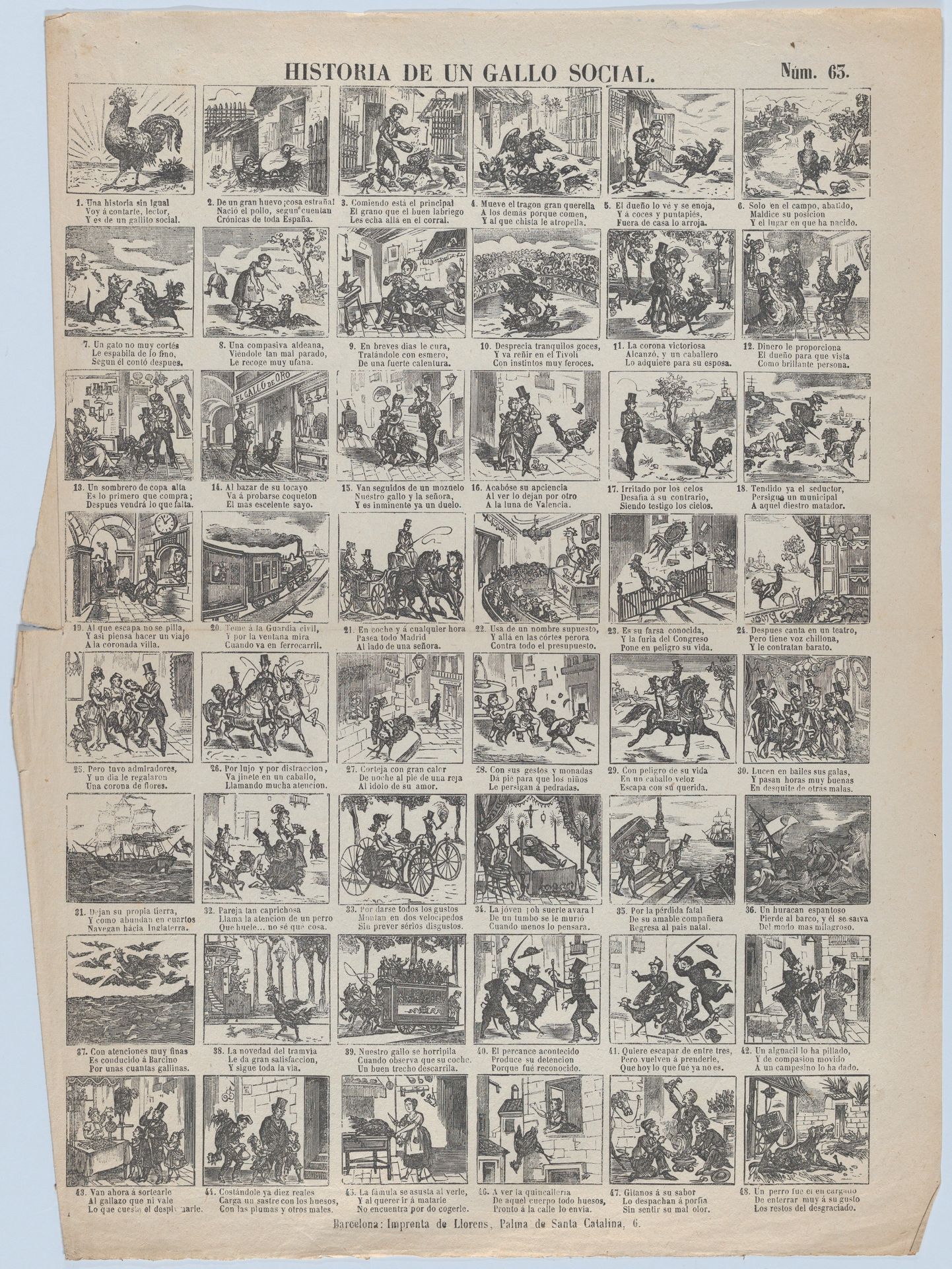 Broadside with 48 scenes telling the story of the chicken (social advancement and decline) by Juan Llorens