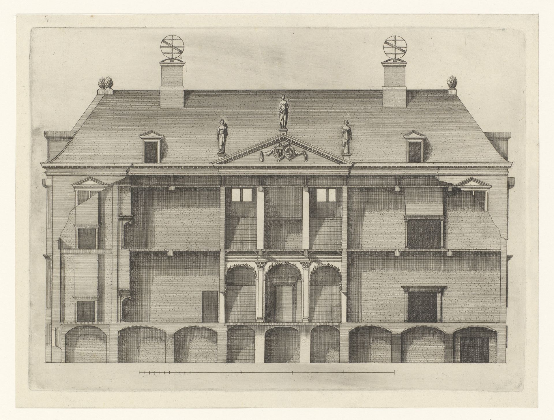 Huis van Constantijn Huygens van voren gezien met deel van het interieur by Theodor Matham
