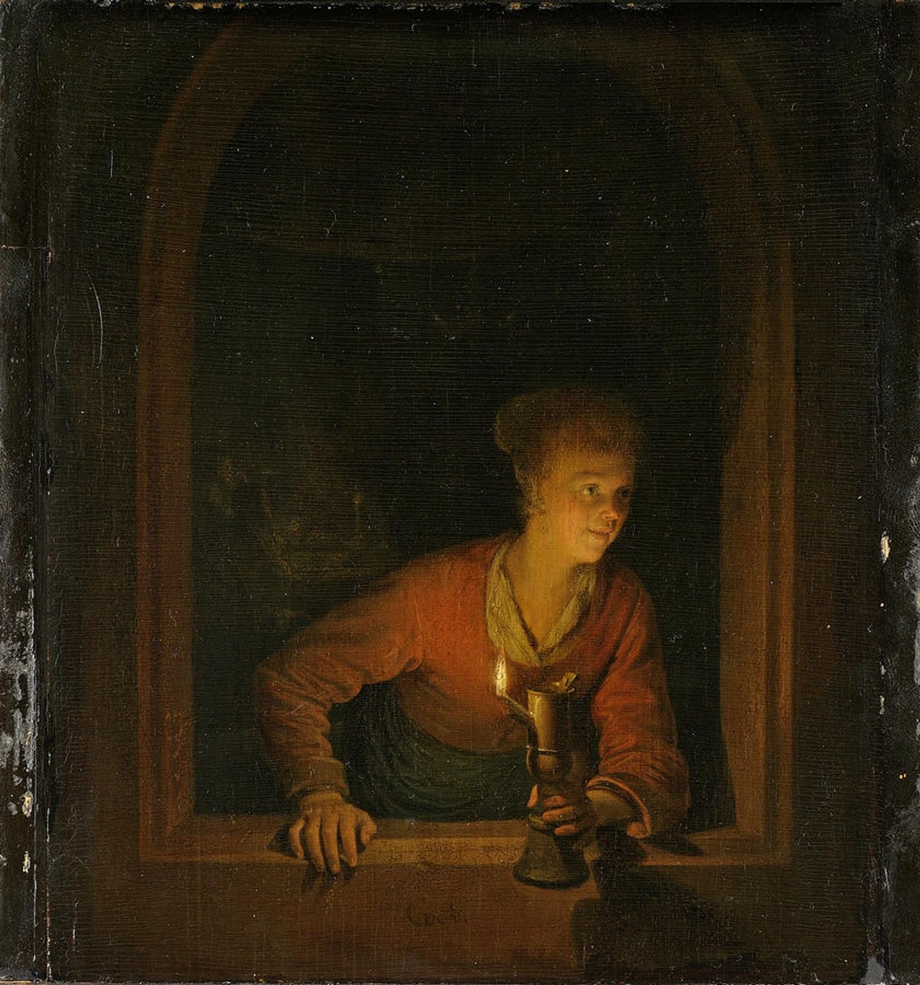 Girl with An Oil Lamp at a Window by Gerrit Dou
