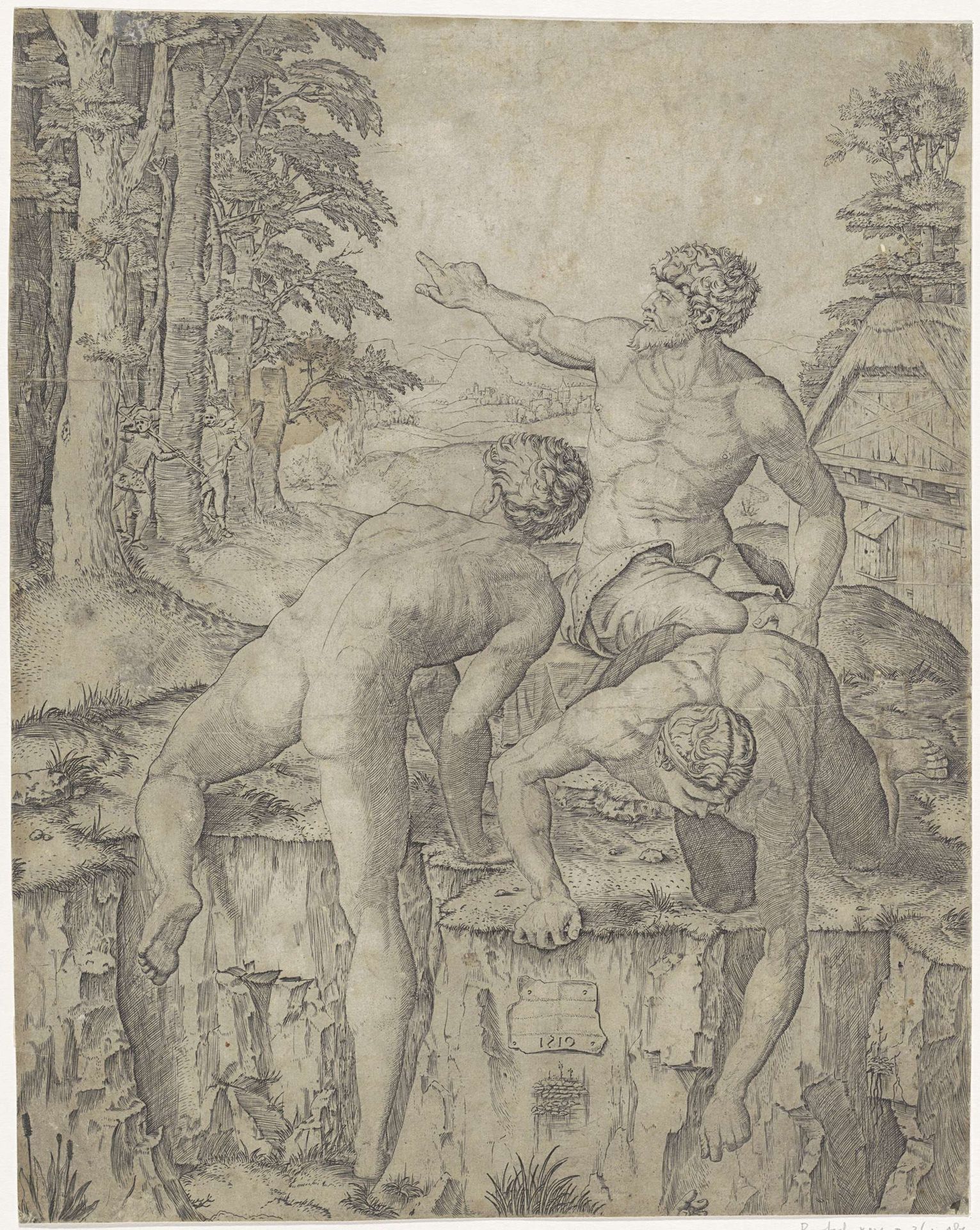 Drie naakte mannen in landschap by Marcantonio Raimondi