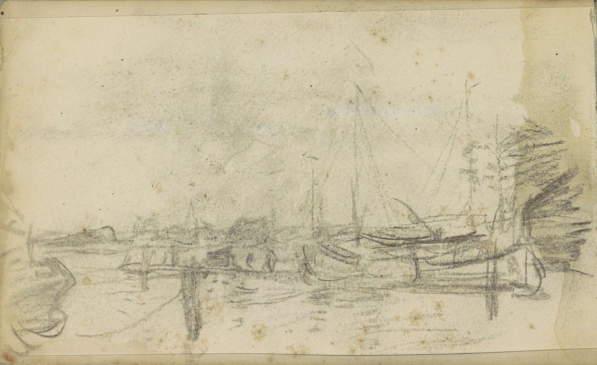 Zeilboten aangemeerd aan een pier by Jozef Israëls