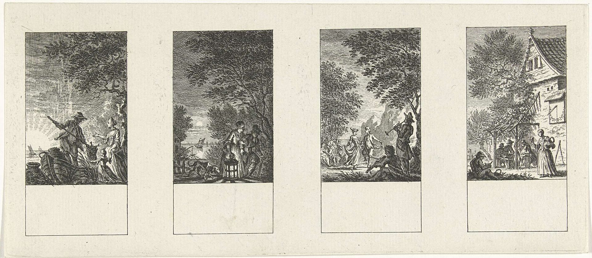 Vier voorstellingen van de vier dagdelen by Simon Fokke