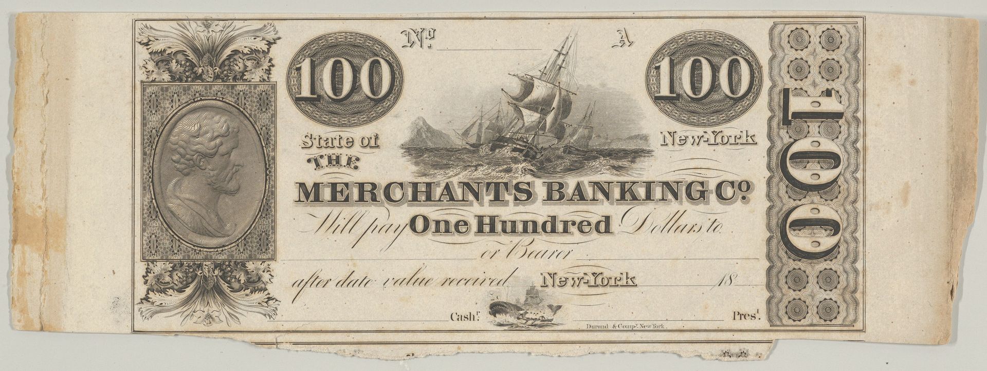Proof of one side of a New York Merchants Banking Company 100 Dollar Bill by Asher Brown Durand