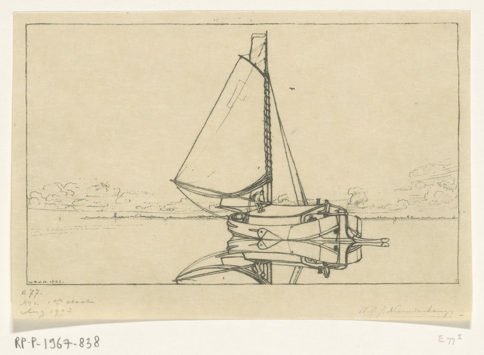 Turfpraam op een meer bij windstilte by Wijnand Otto Jan Nieuwenkamp