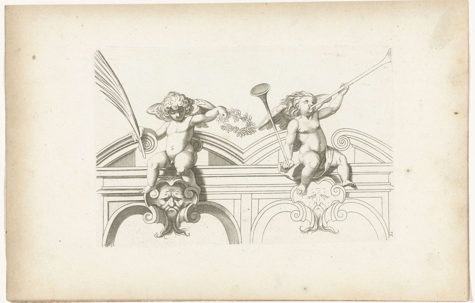 Twee putti zittend voor frontons by Pierre Firens