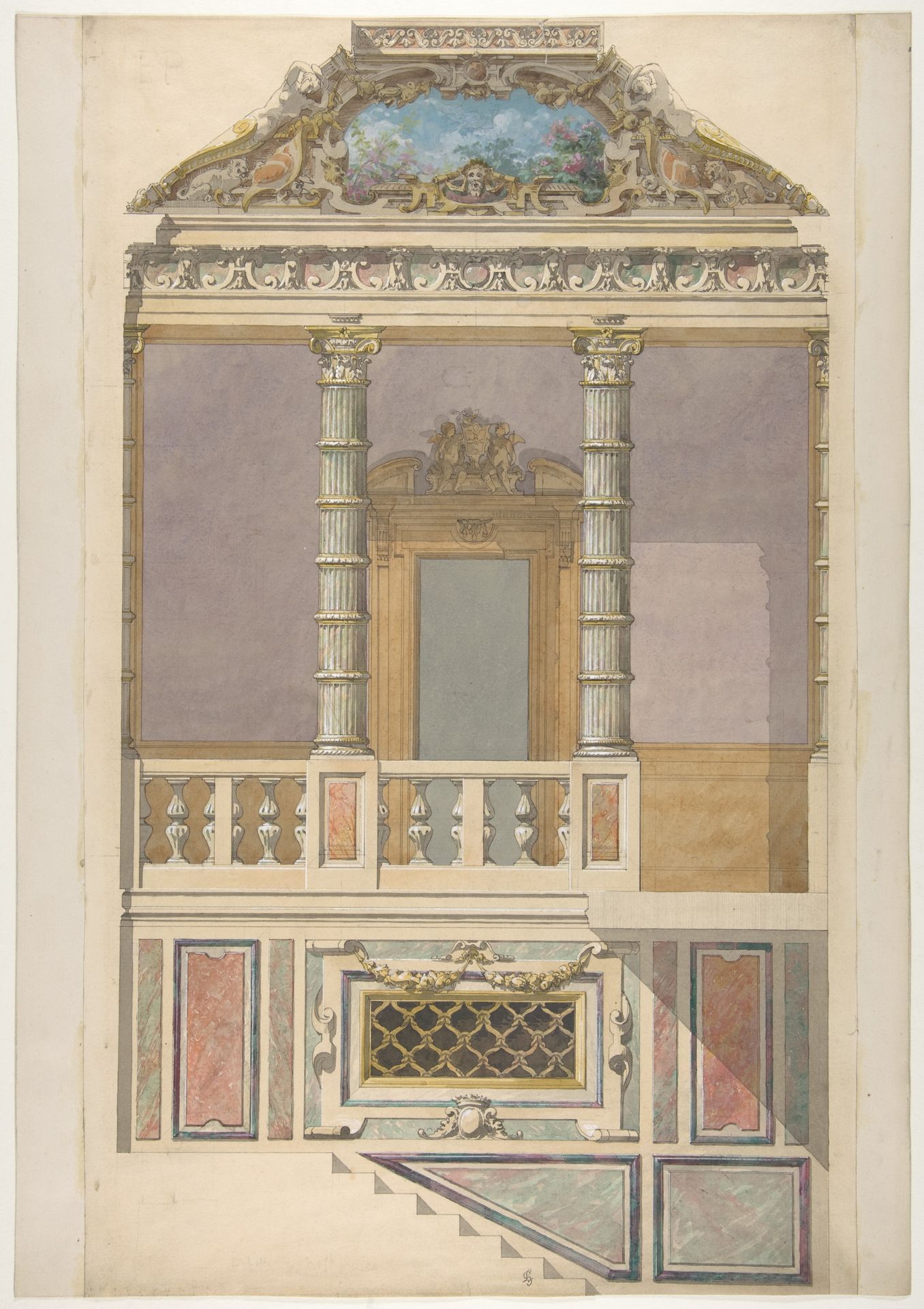 Elevation of an Italianate interior, including steps and an upper  loggia decorated in composite columns by Jules-Edmond-Charles Lachaise