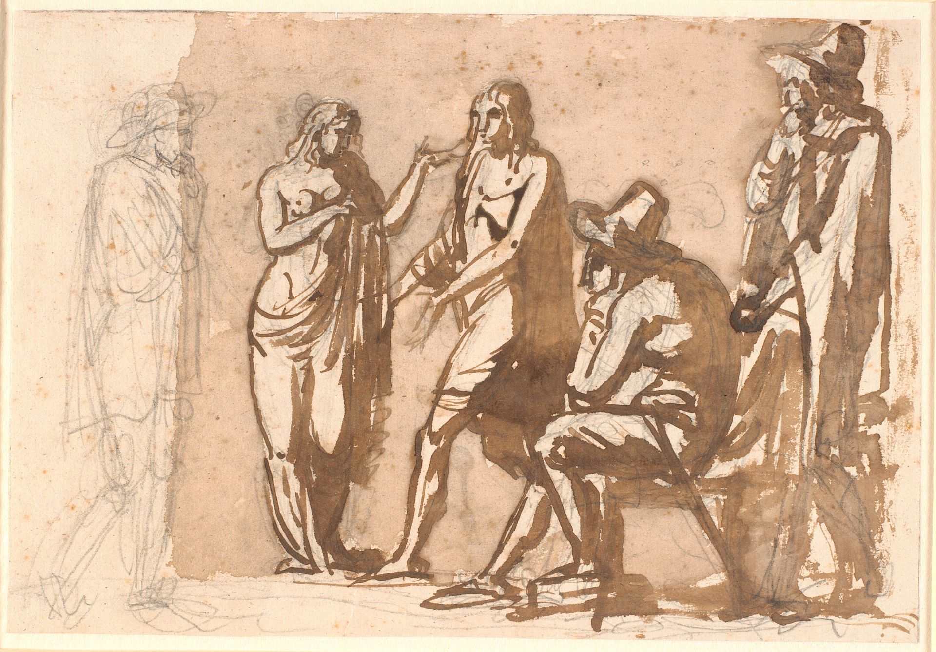 Tre herrer i 1600-tals dragter betragter et ungt klassisk par by Nicolai Abildgaard