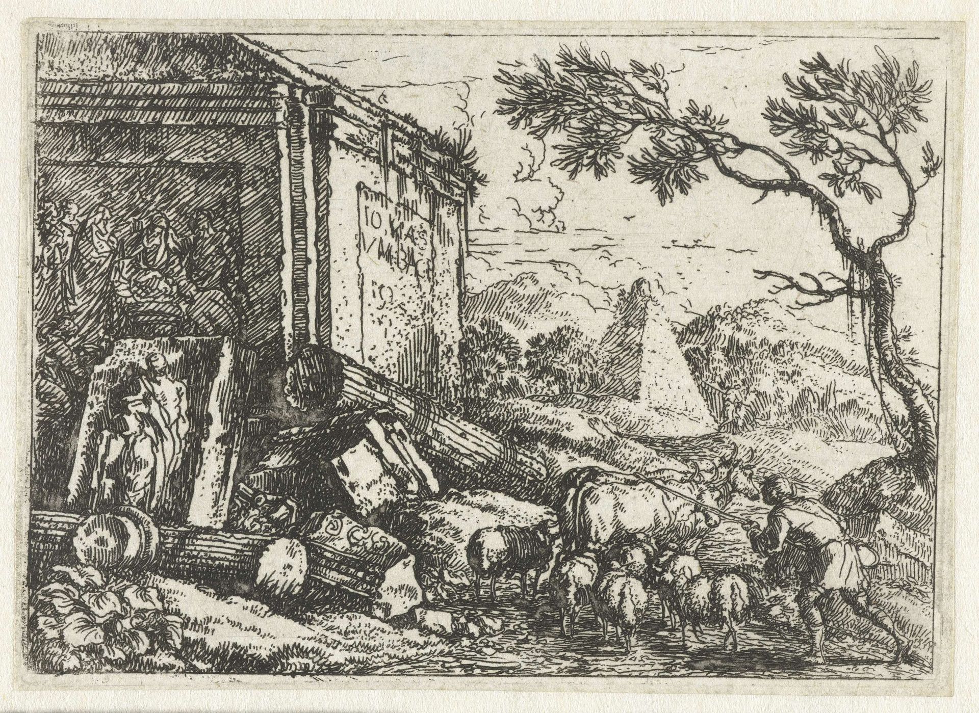 Ruïnelandschap met een herder en zijn kudde by Jonas Umbach
