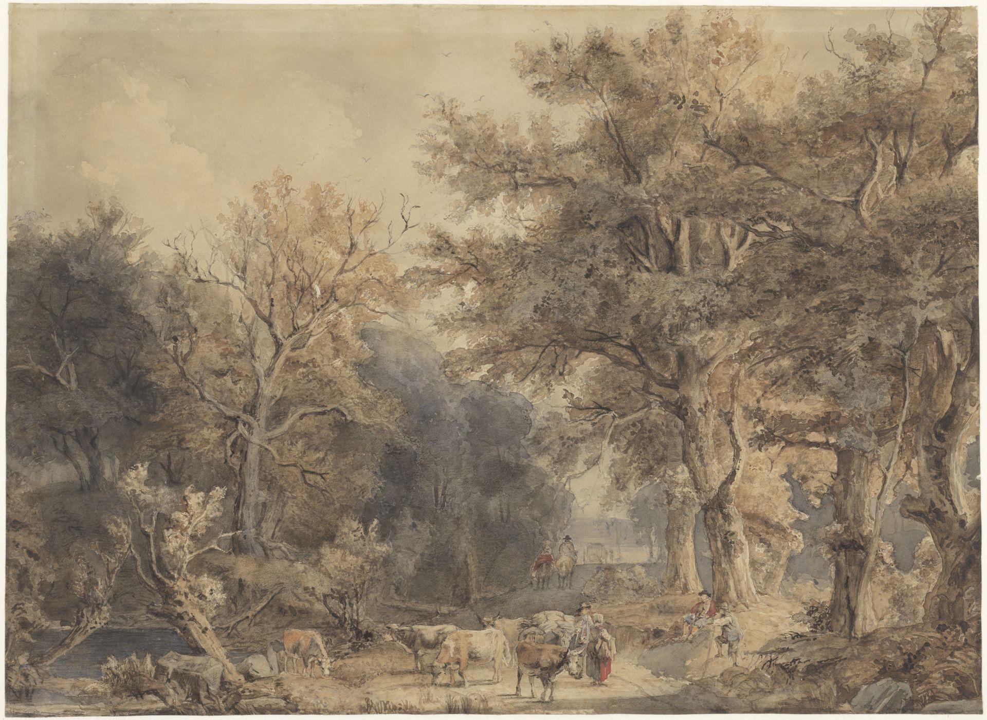 Boslandschap met figuren en vee by Jacob Maris