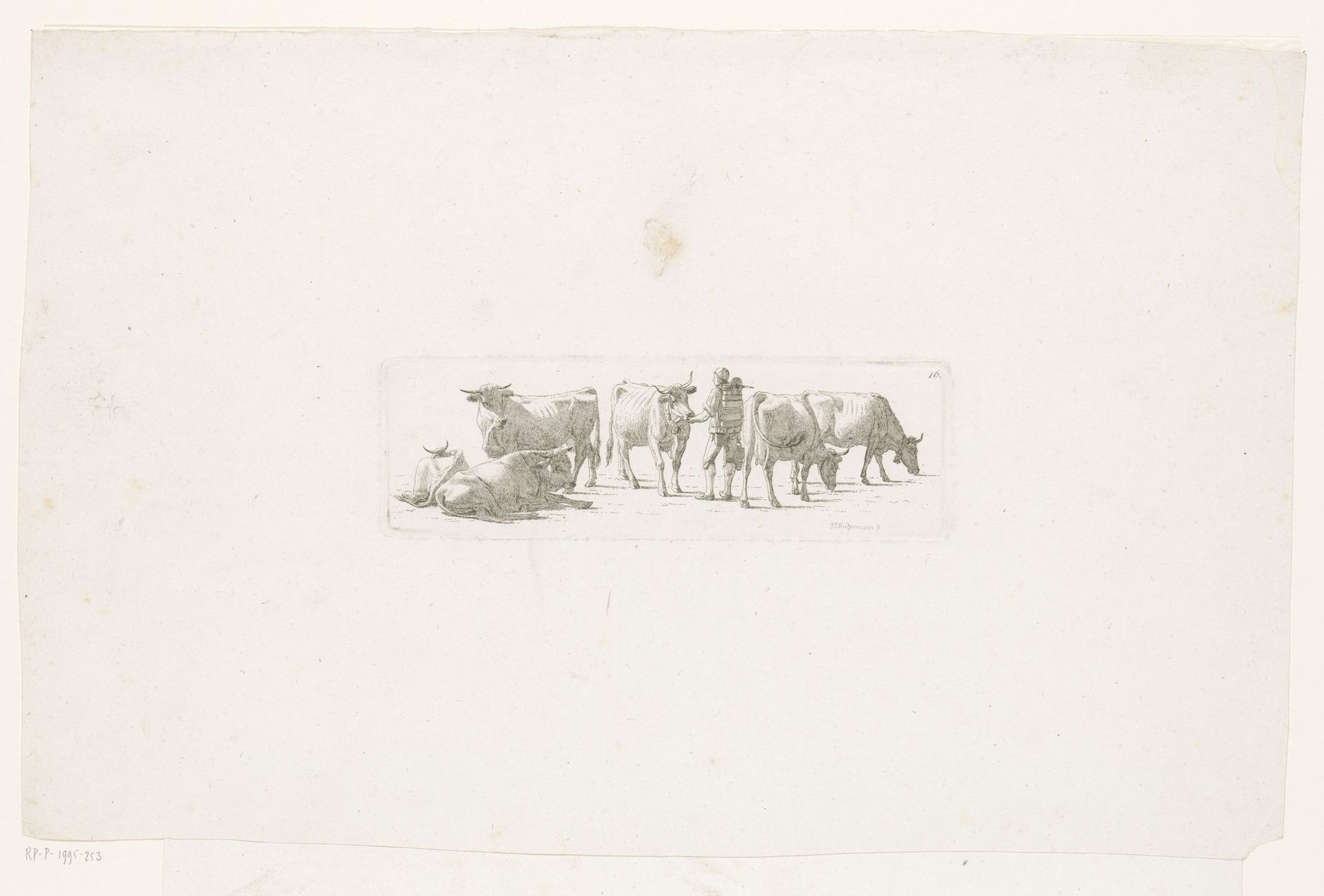 Herder met zes runderen by Johan Jakob Biedermann