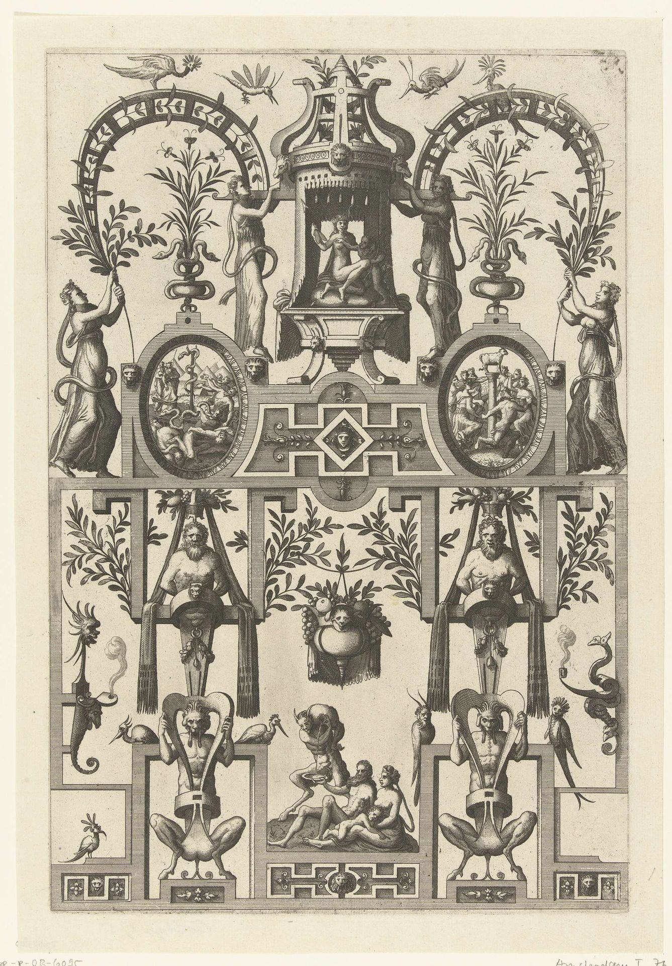 Vlakdecoratie met figuren by Johannes of Lucas van Doetechum