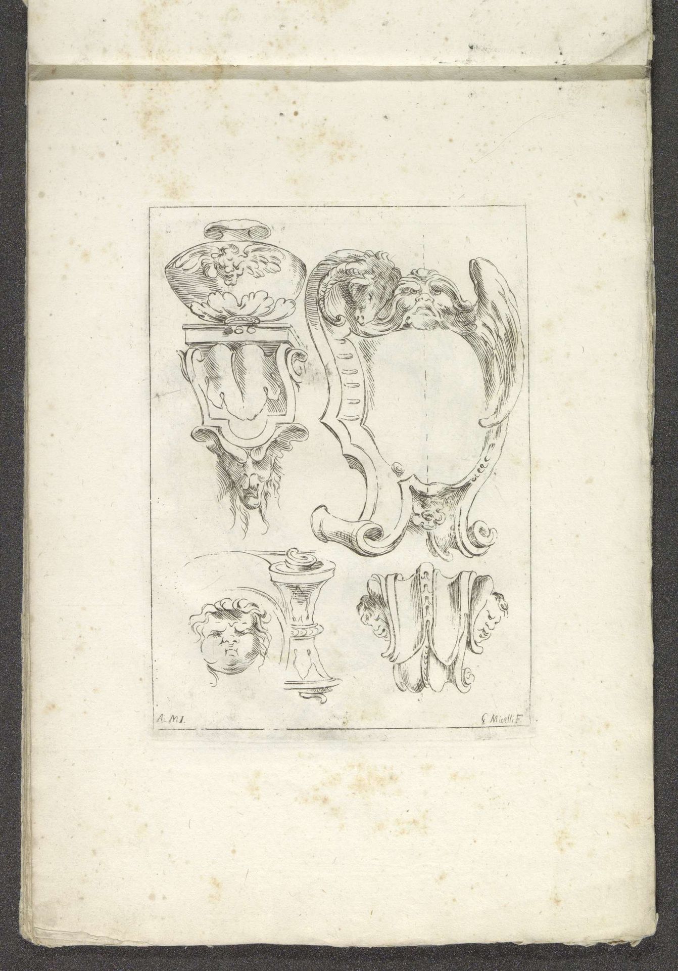 Console met vaas, cartouche en details van ornamenten by Giuseppe Maria Mitelli